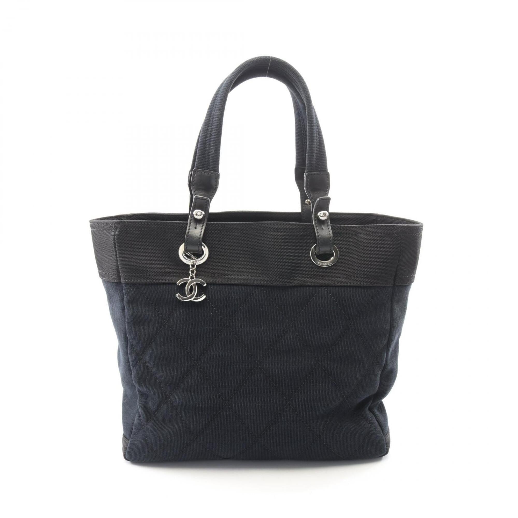 Chanel Black Canvas Leather Handbag Tote Bag (Pre-Owned)