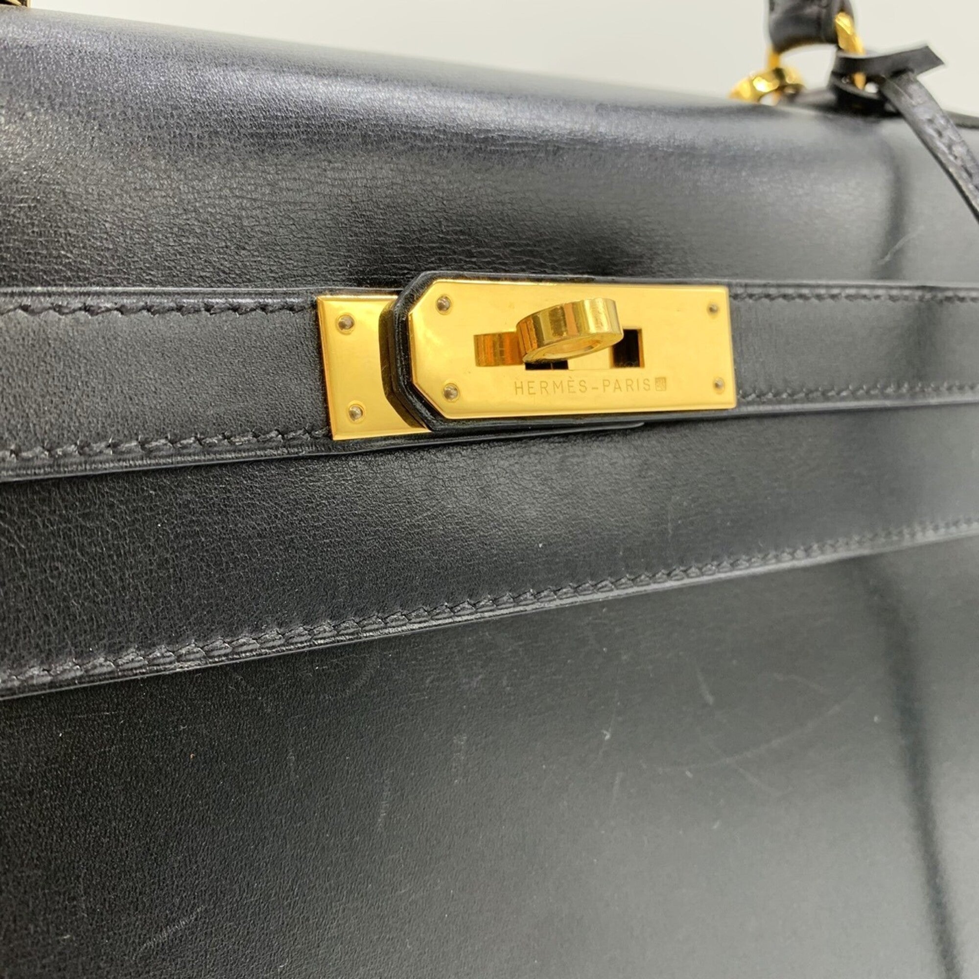 Hermes Kelly Black Box Calf Leather Handbag (Pre-Owned)