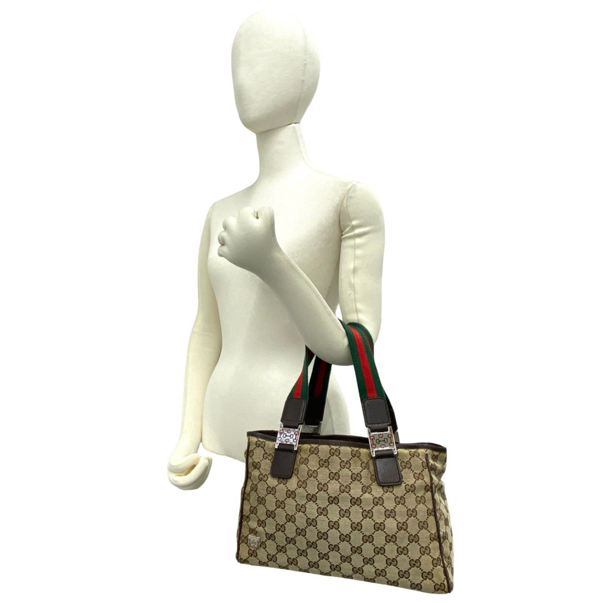 Gucci Brown Green Red Color Canvas Leather Handbag Tote Bag (Pre-Owned)