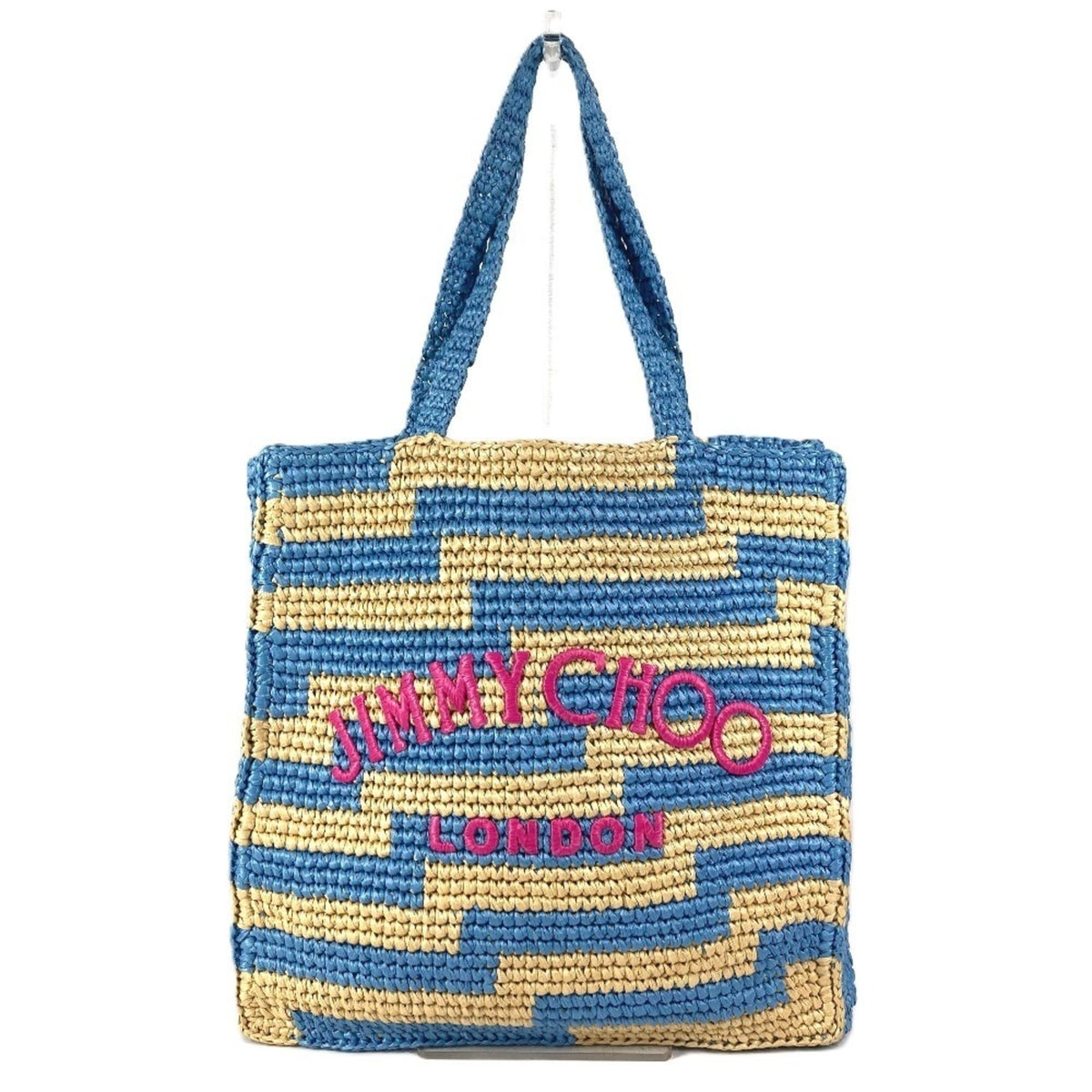 Jimmy Choo Beige Blue Pink Raffia Shoulder Bag Tote Bag (Pre-Owned)