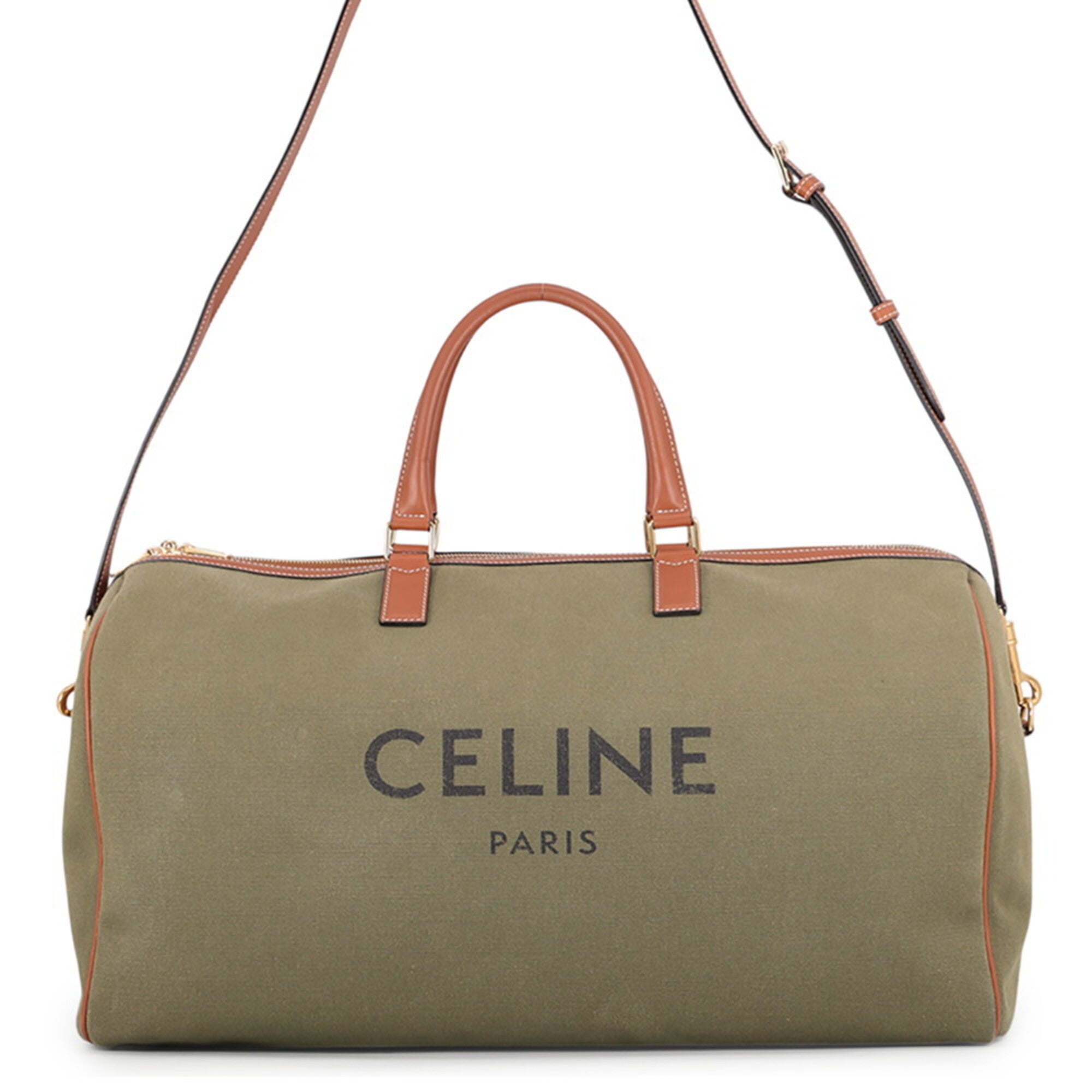 Celine Brown Khaki Canvas Leather Boston Bag (Pre-Owned)