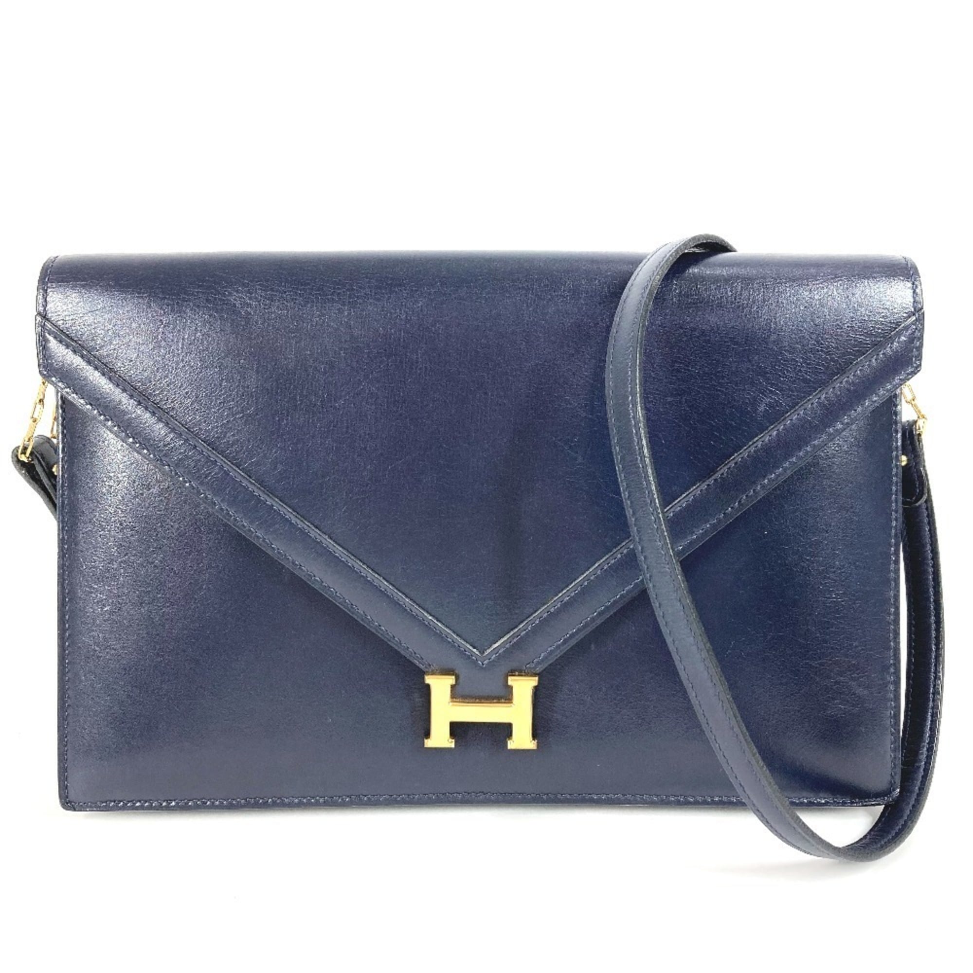 Hermes Navy Box Calf Leather Clutch Bag Shoulder Bag (Pre-Owned)