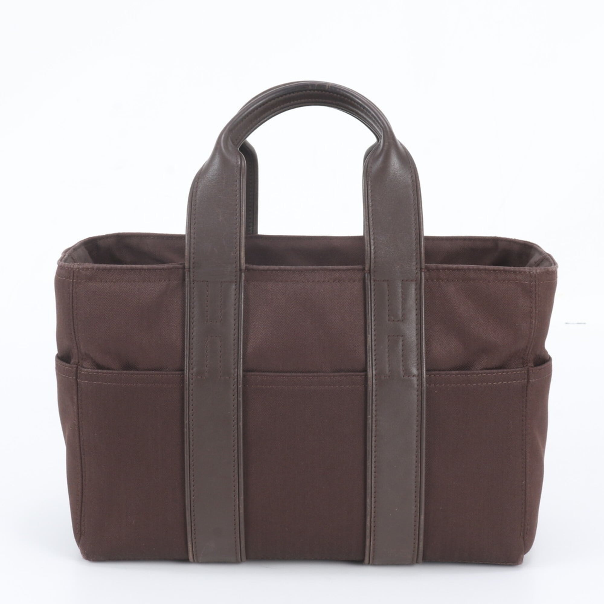 Hermes Brown Leather Canvas Handbag Shoulder Bag Tote Bag (Pre-Owned)