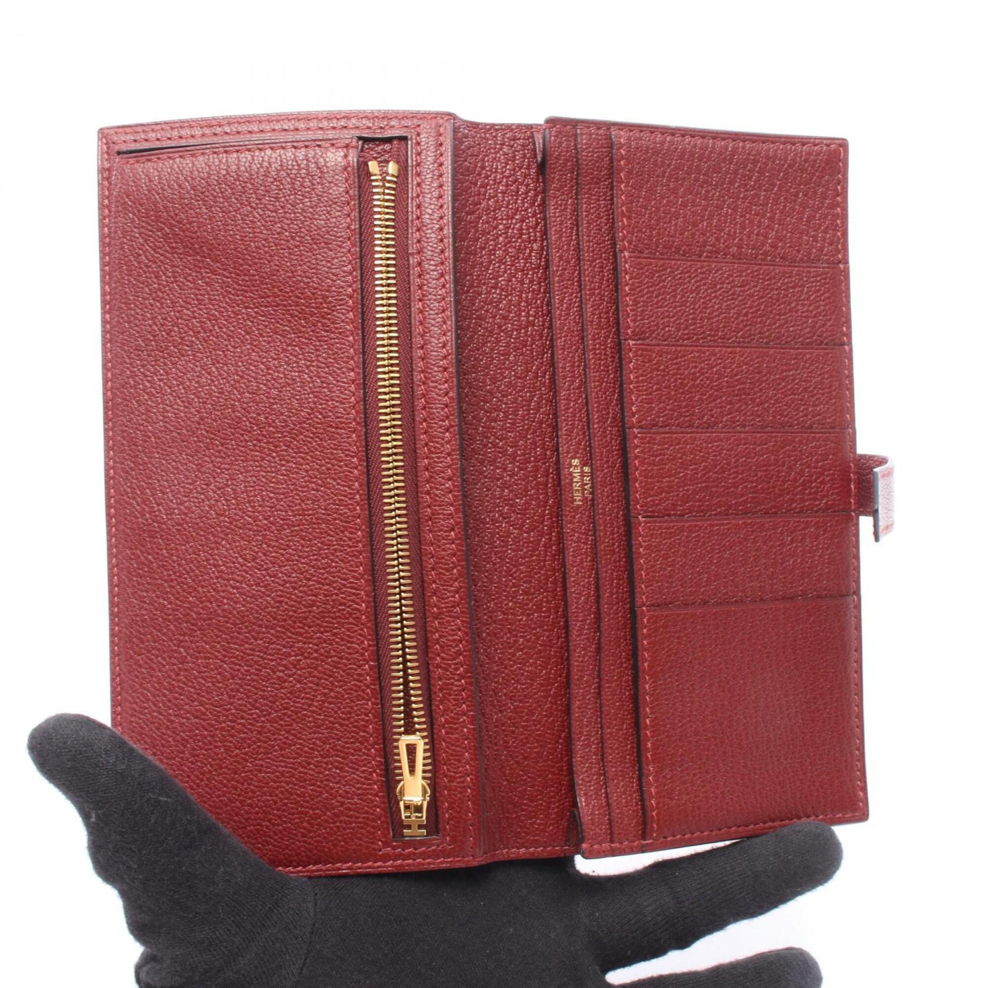 Hermes Bearn Bordeaux Rouge H Chevre Leather Long Wallet (Bi-Fold) (Pre-Owned)