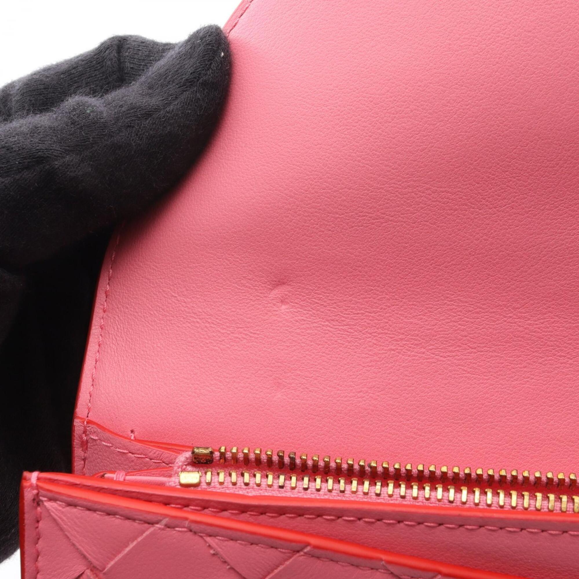 Bottega Veneta Intrecciato Pink Red Color Leather Long Wallet (Bi-Fold) (Pre-Owned)