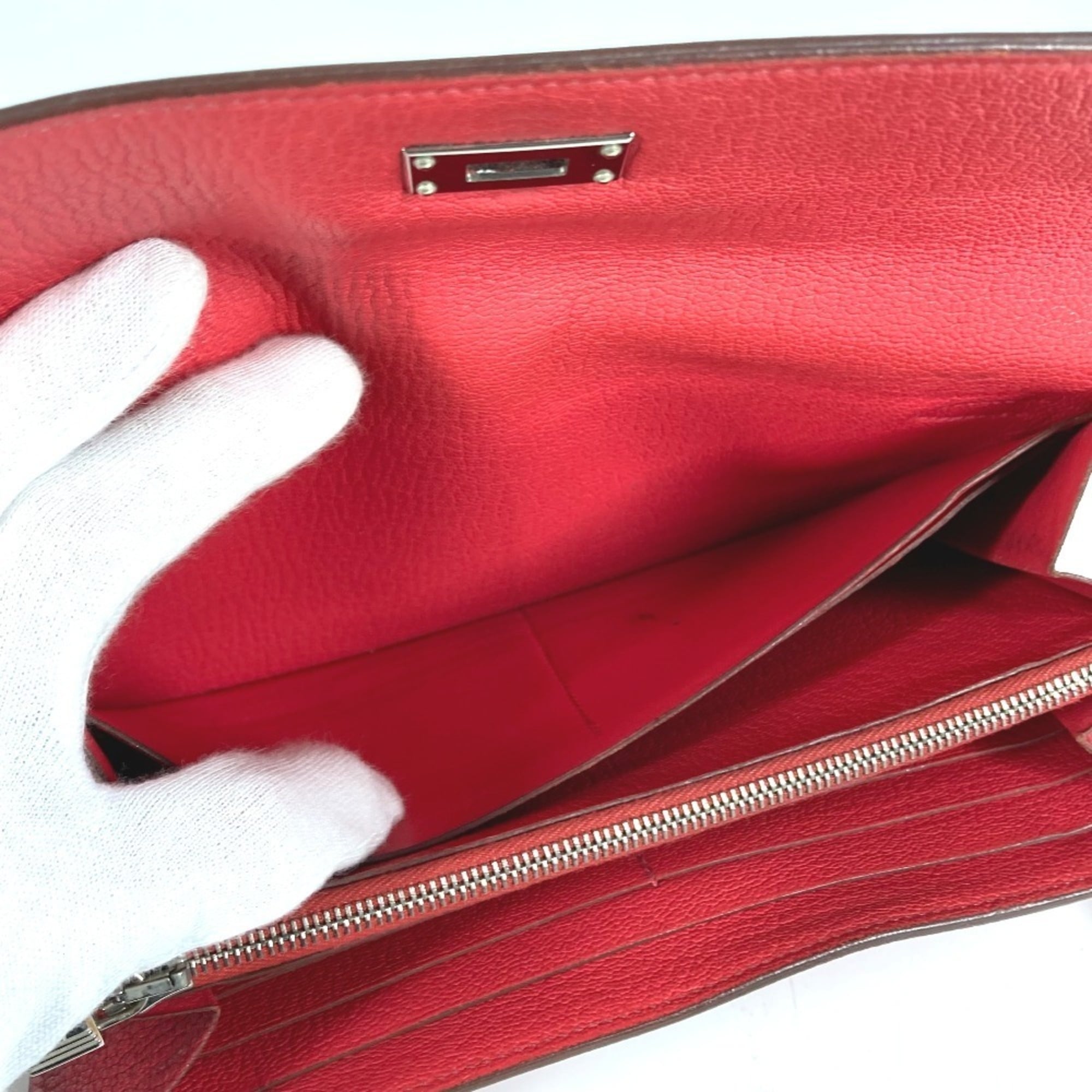 Hermes Red Color Chevre Leather Long Wallet (Bi-Fold) (Pre-Owned)