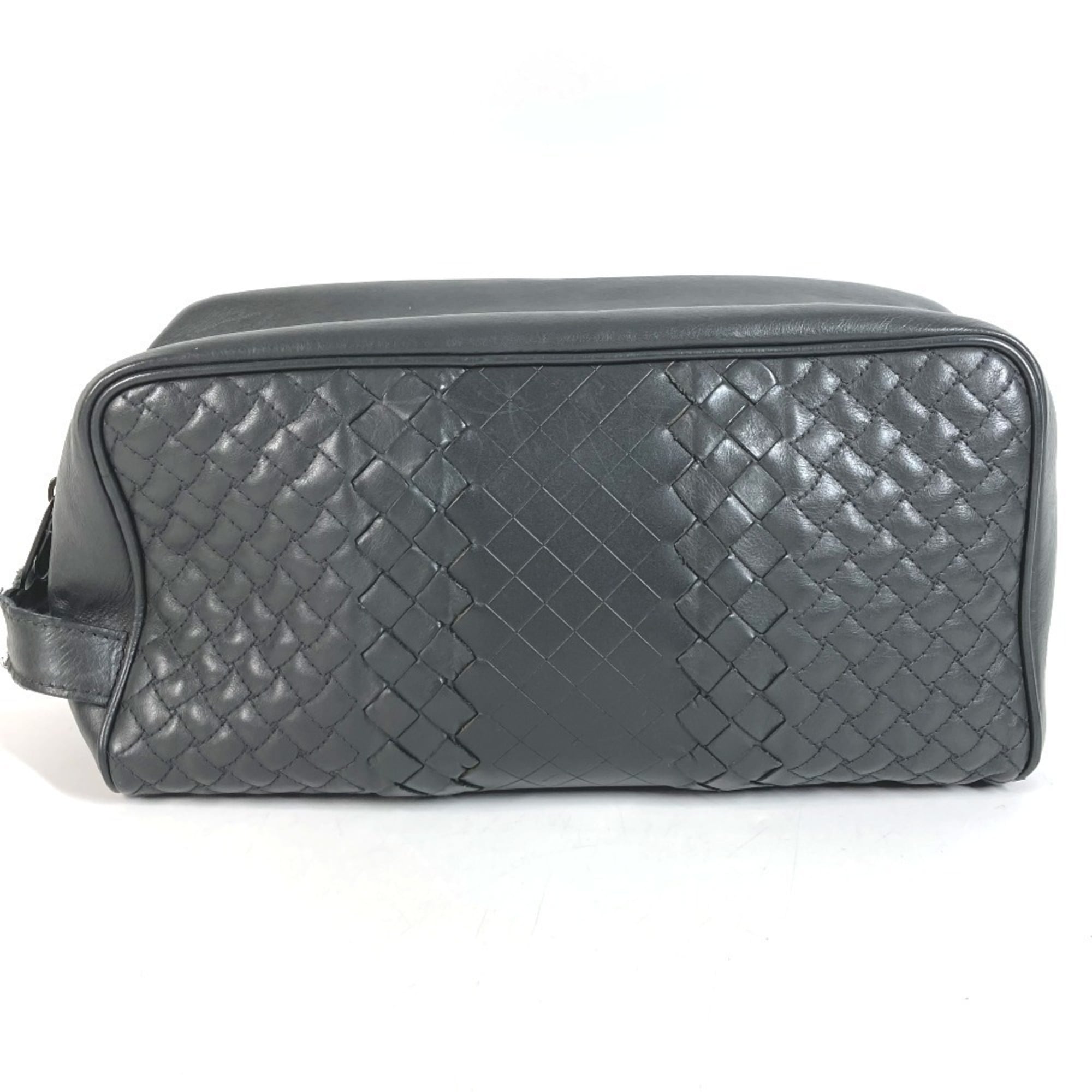Bottega Veneta Intrecciato Dark Gray Leather Clutch Bag Handbag (Pre-Owned)