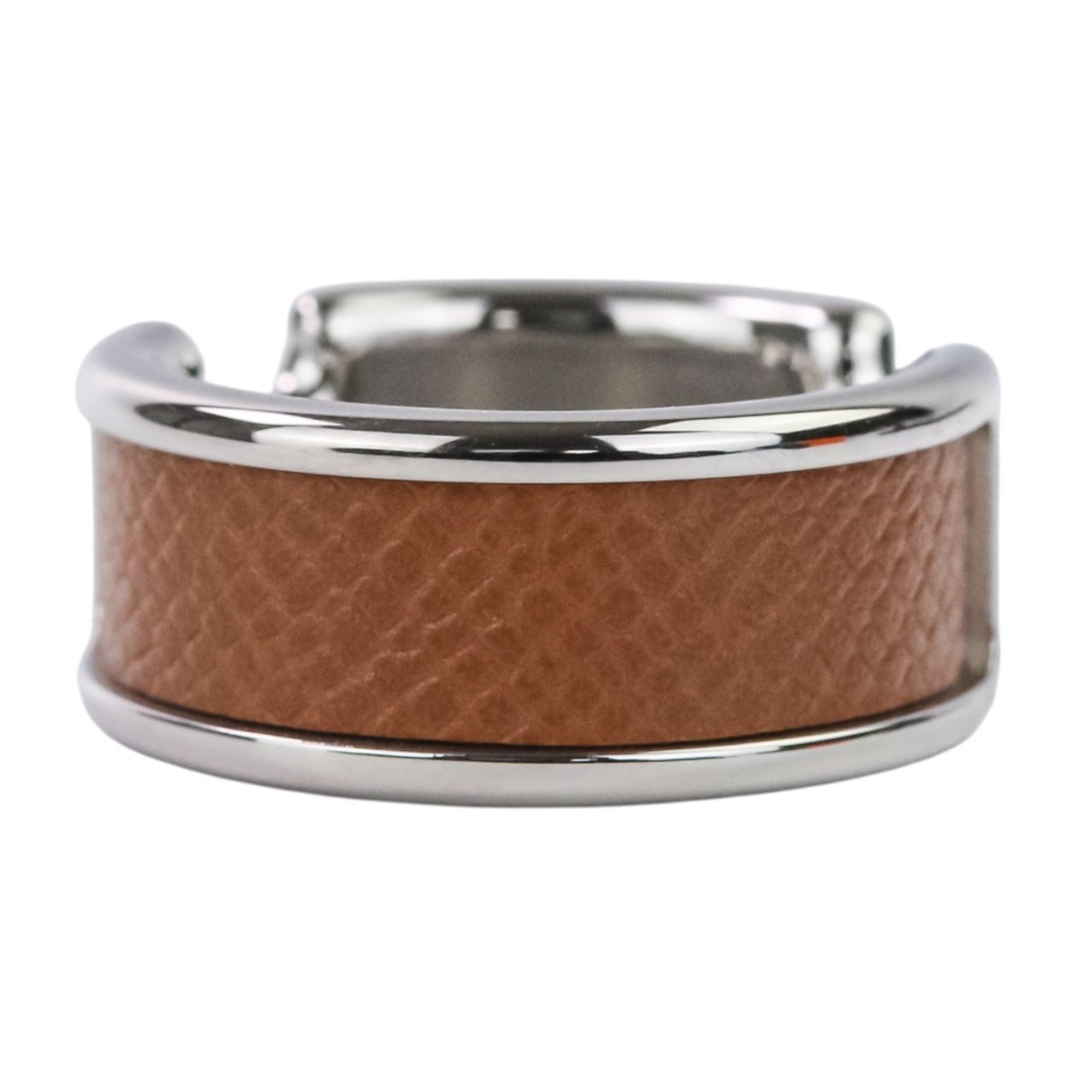 Hermes Silver Brown Leather Metal Band Ring (Pre-Owned)