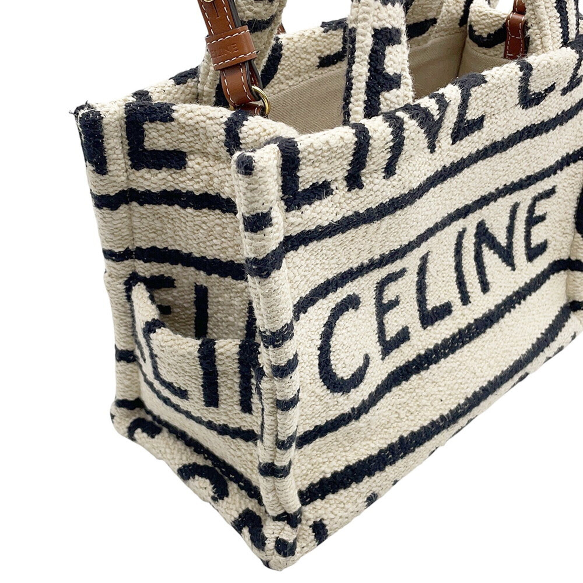 Celine Cabas Black White Cotton Leather Handbag Shoulder Bag (Pre-Owned)