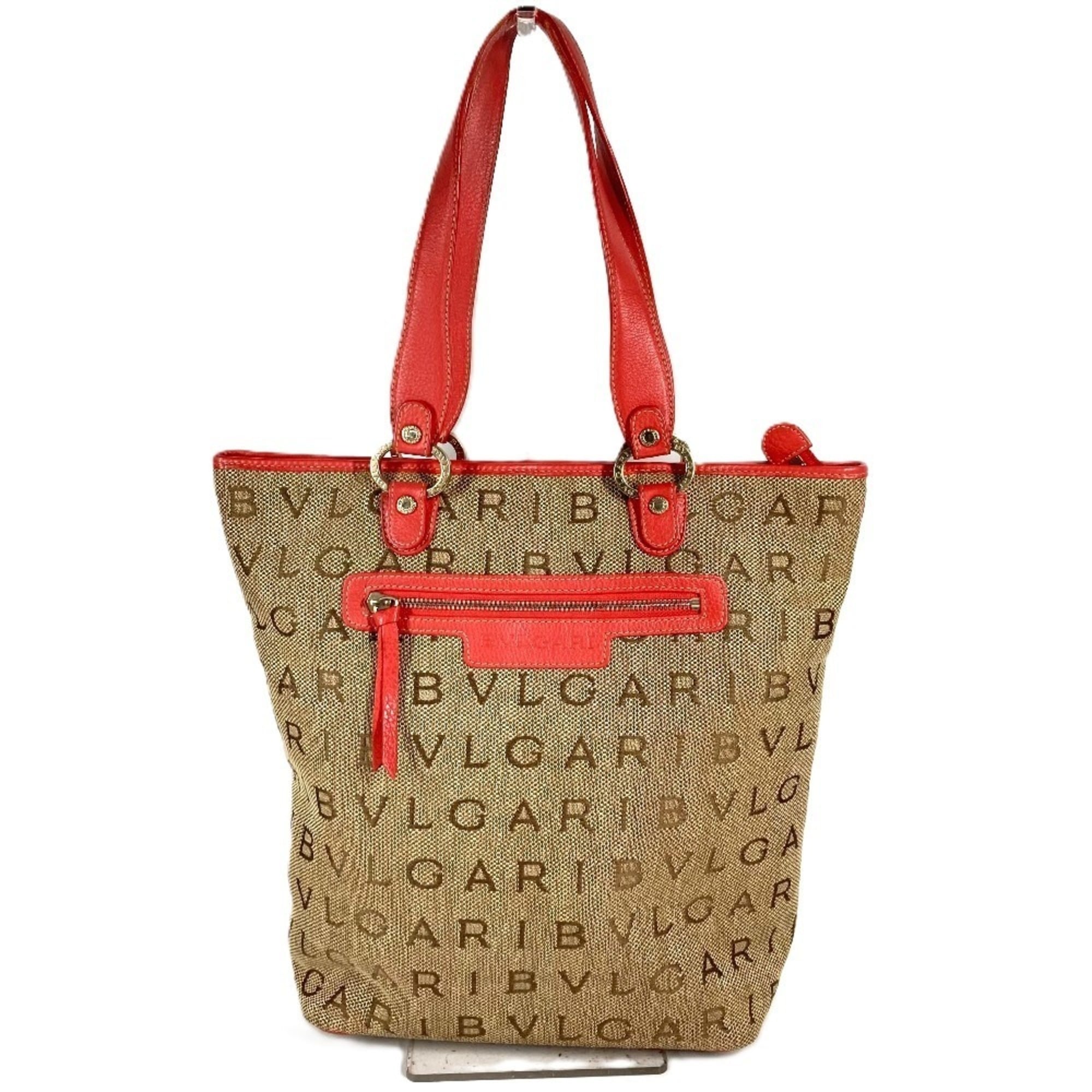 Bvlgari Beige Leather Canvas Shoulder Bag Tote Bag (Pre-Owned)