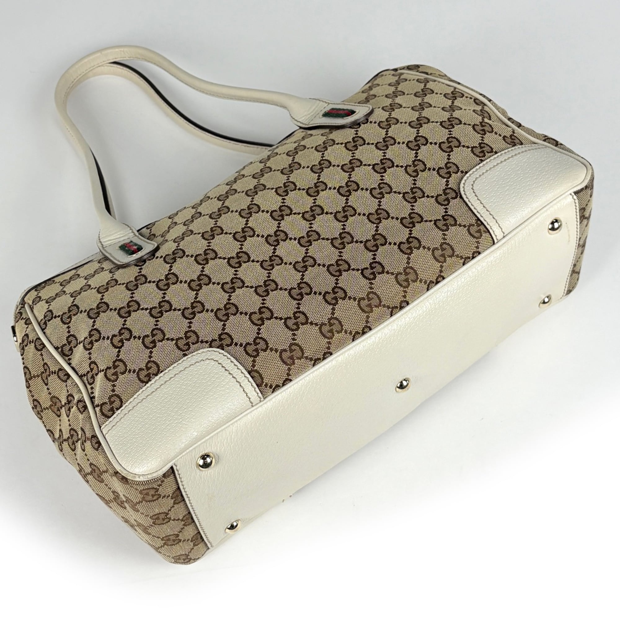 Gucci Gg Canvas Beige White Gg Canvas Leather Tote Bag (Pre-Owned)