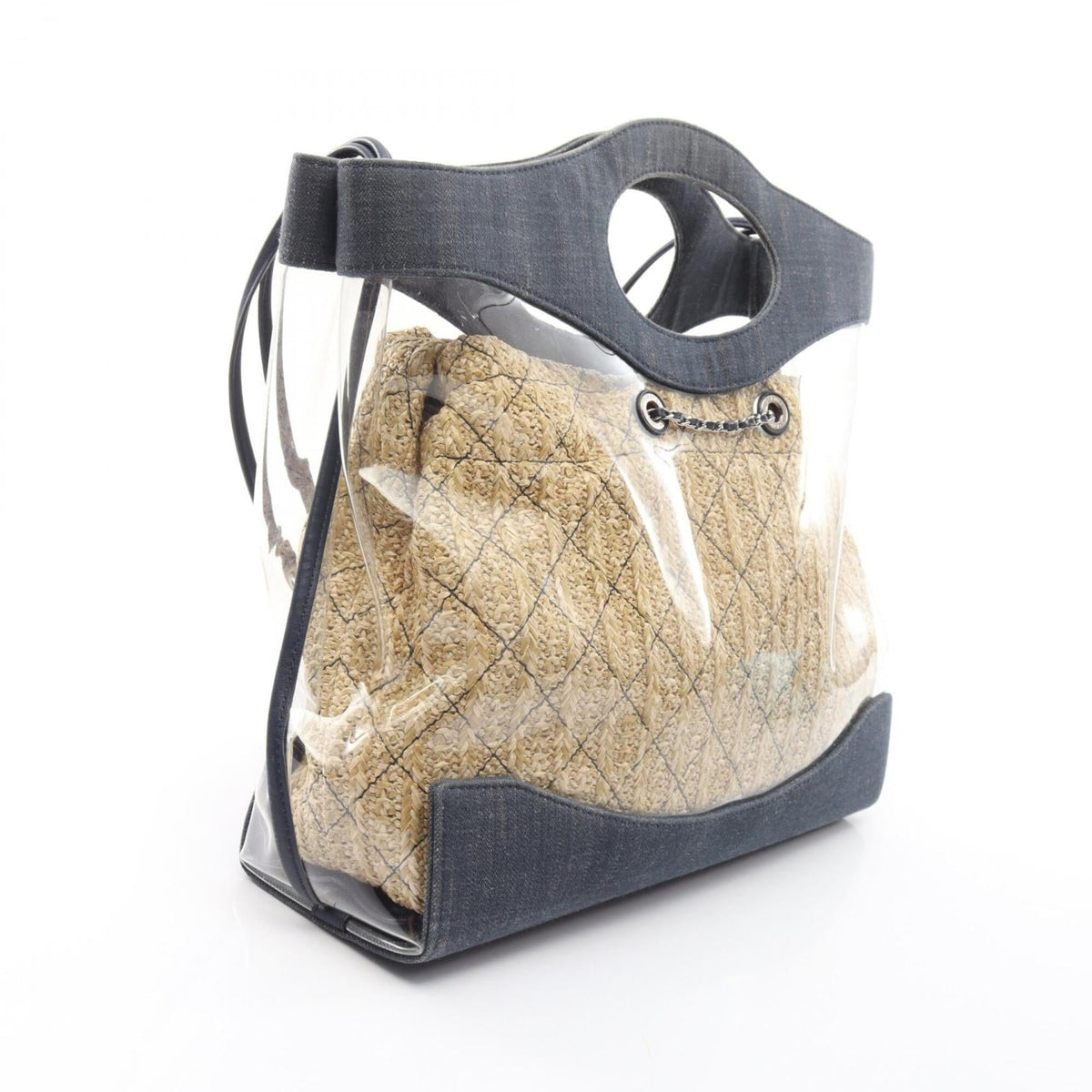 Chanel Beige Navy Vinyl Denim Straw Handbag Shopping Bag Shoulder Bag (Pre-Owned)