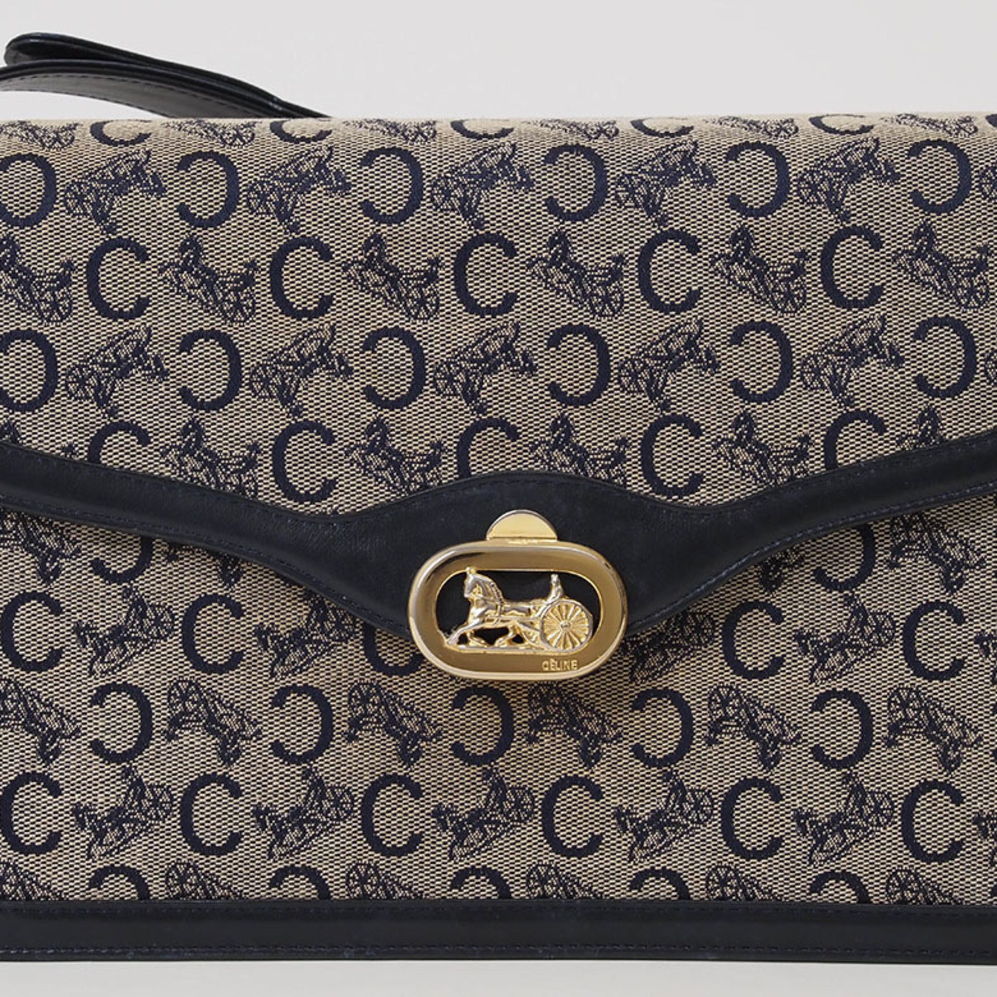 Celine Beige Navy Canvas Leather Shoulder Bag (Pre-Owned)