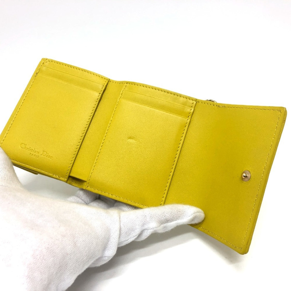 Christian Dior Lady Dior Yellow Leather Wallet (Tri-Fold) (Pre-Owned)