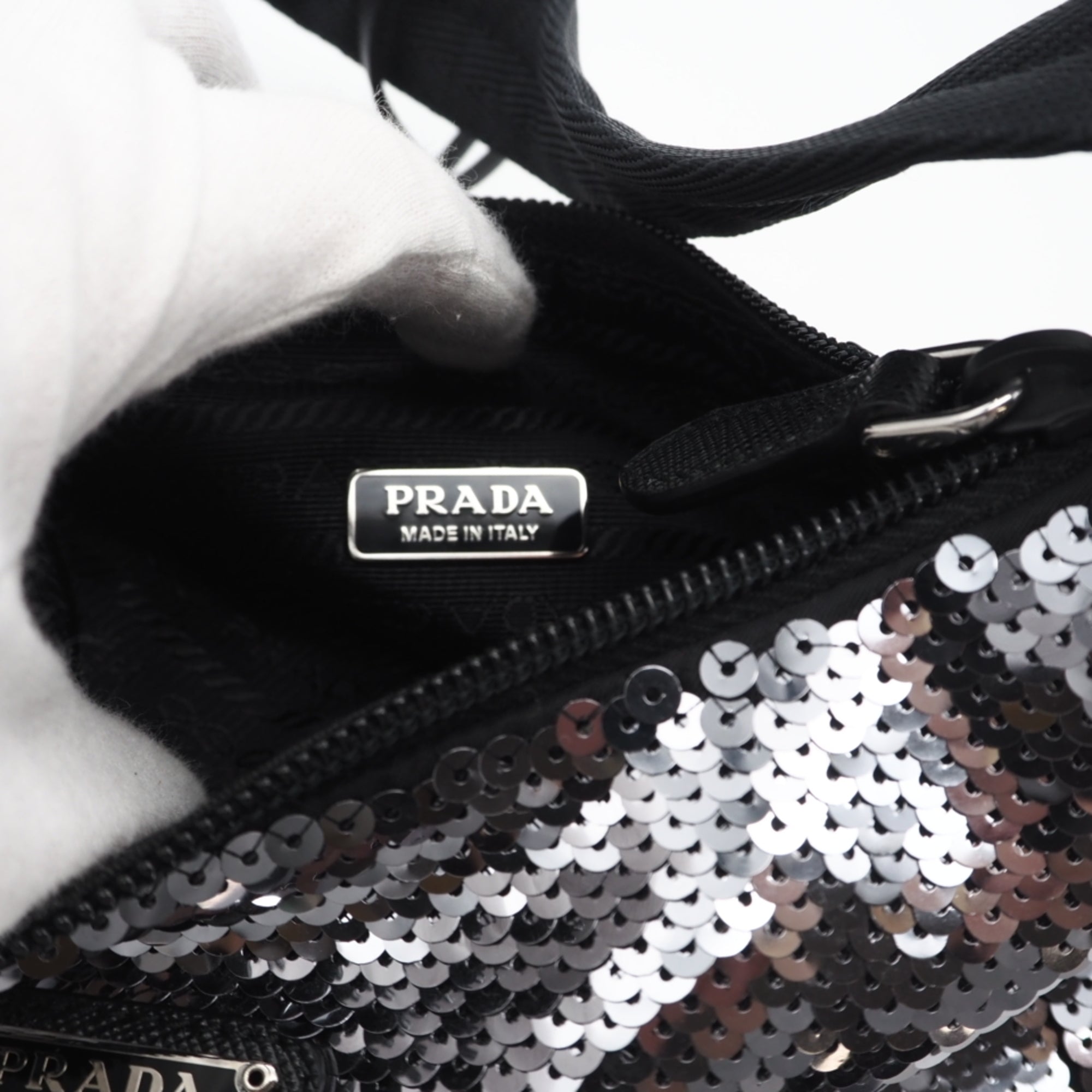 Prada Black Silver Nylon Spangles Handbag (Pre-Owned)