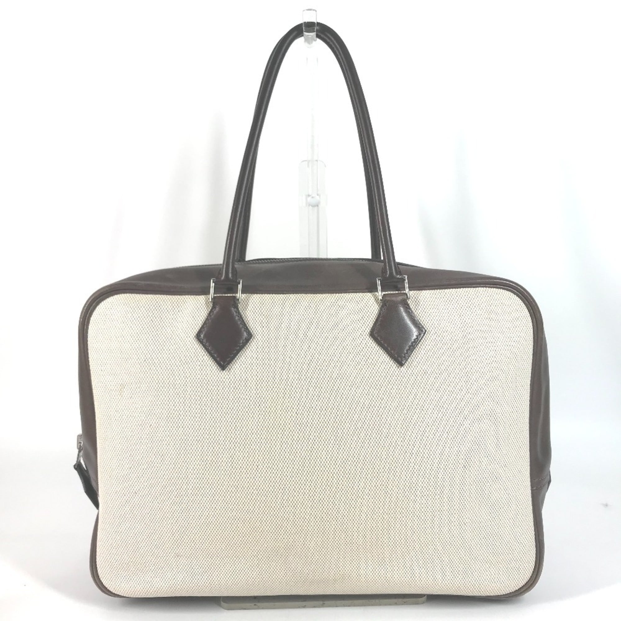 Hermes Plume Beige Brown Toile H Gulliver Leather Handbag Tote Bag (Pre-Owned)