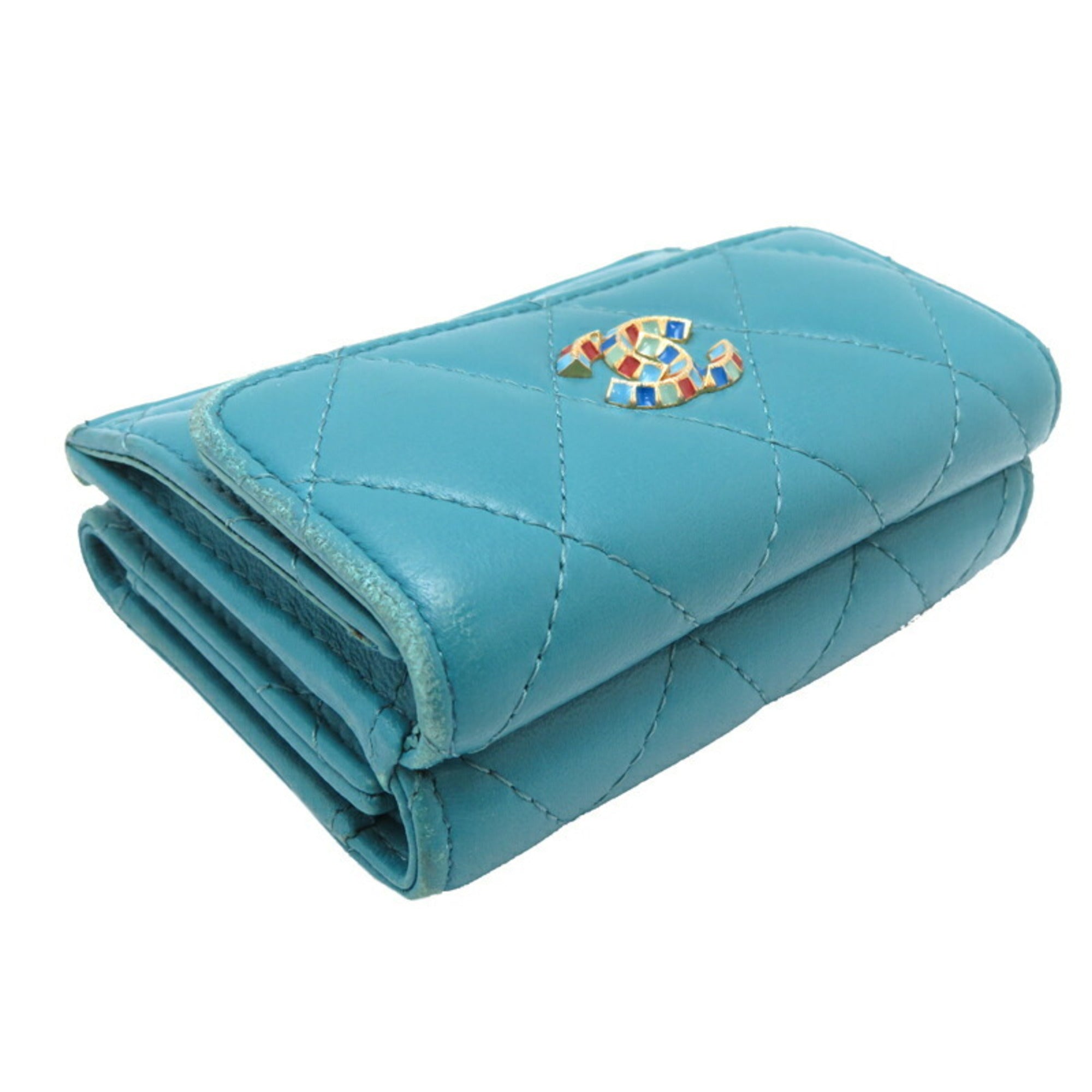 Chanel Blue Turquoise Leather Wallet (Tri-Fold) (Pre-Owned)