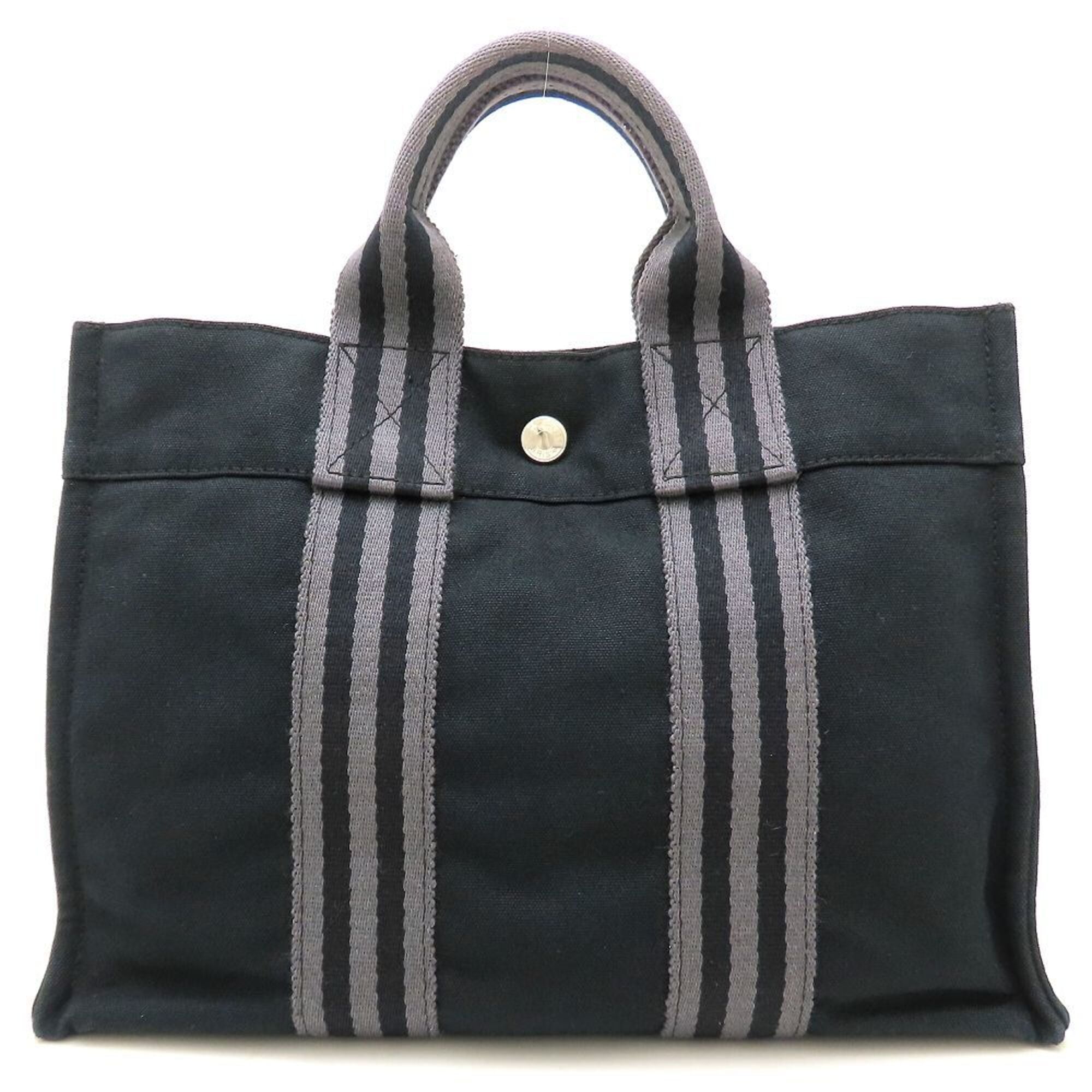 Hermes Black Gray Canvas Handbag (Pre-Owned)