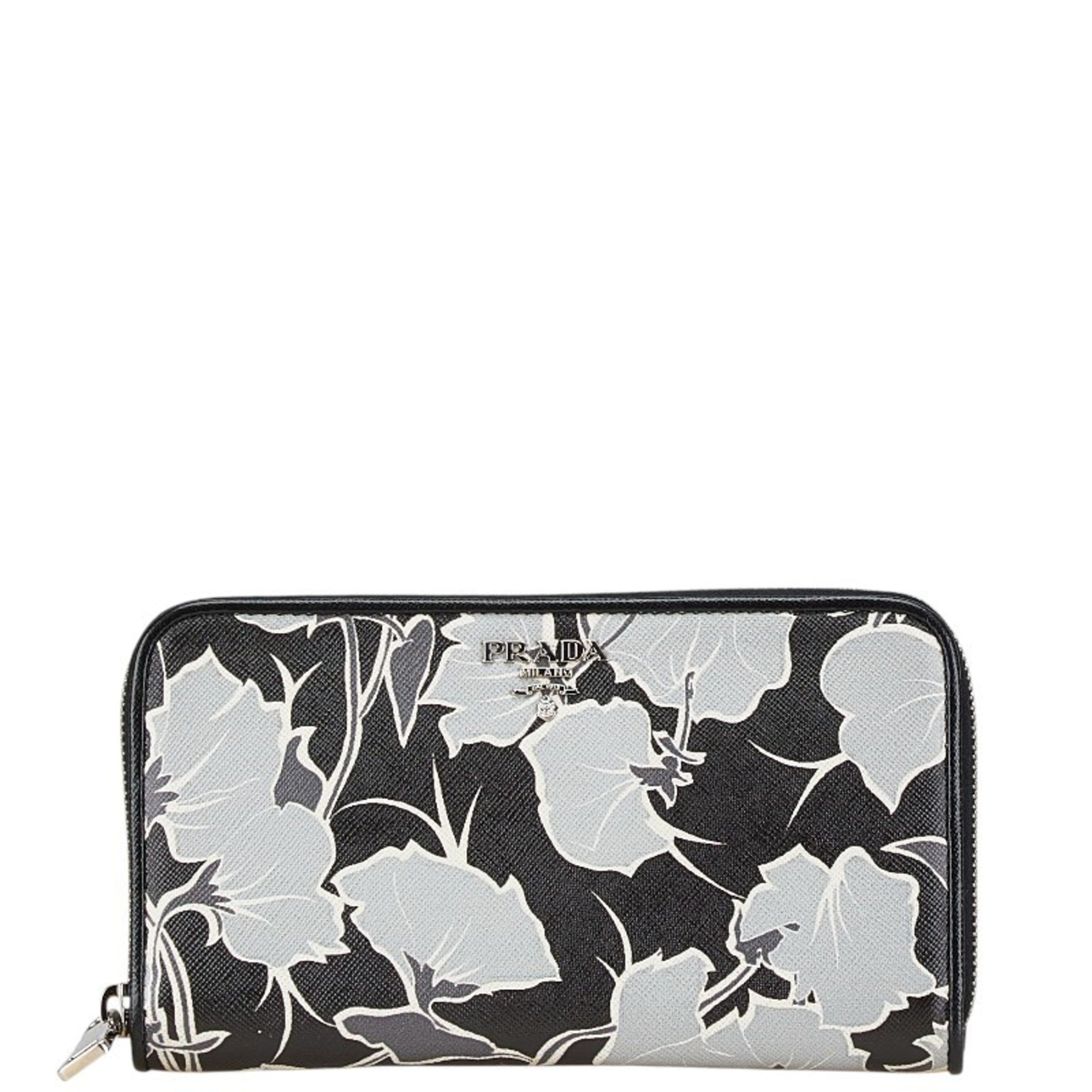 Prada Saffiano Black Gray Leather Long Wallet (Bi-Fold) (Pre-Owned)