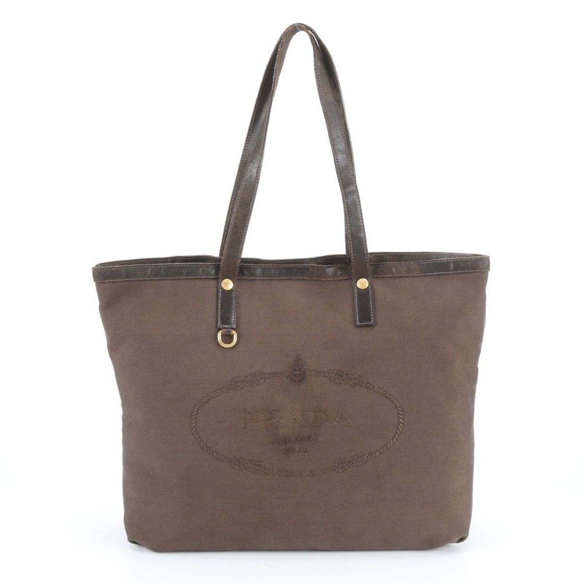 Prada Brown Leather Canvas Shoulder Bag Tote Bag (Pre-Owned)
