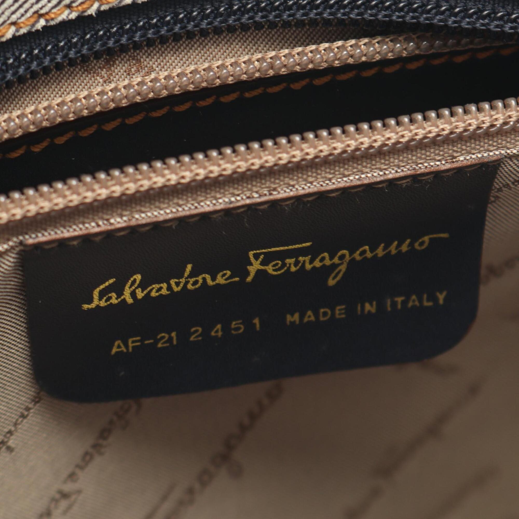 Salvatore Ferragamo Gray Navy Denim Leather Handbag Tote Bag (Pre-Owned)