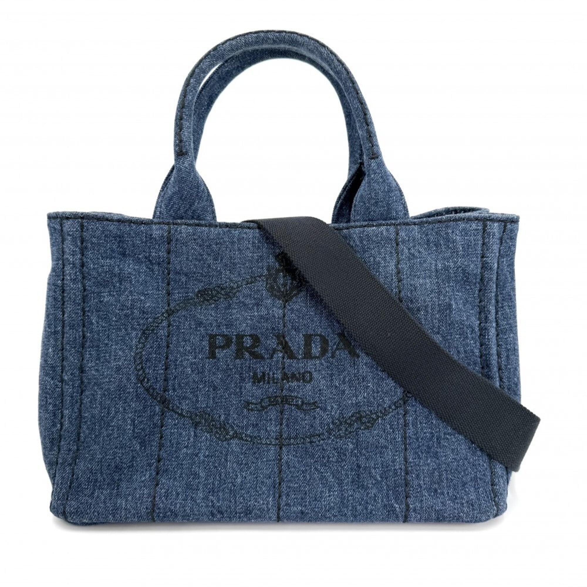 Prada Dark Blue White Yellow Cotton Handbag Shoulder Bag (Pre-Owned)
