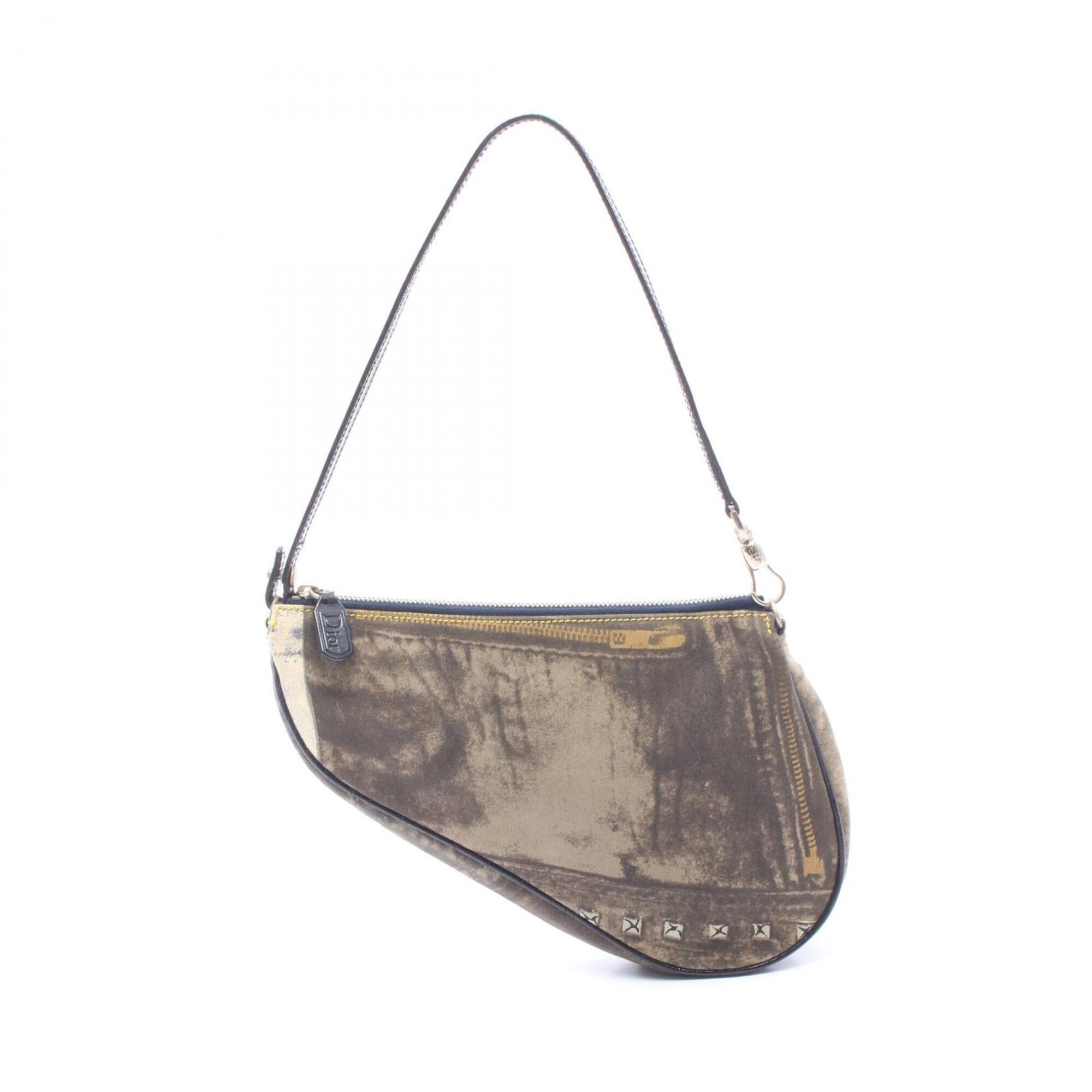 Christian Dior Gray Multi-Color Navy Canvas Leather Handbag Saddle Bag (Pre-Owned)