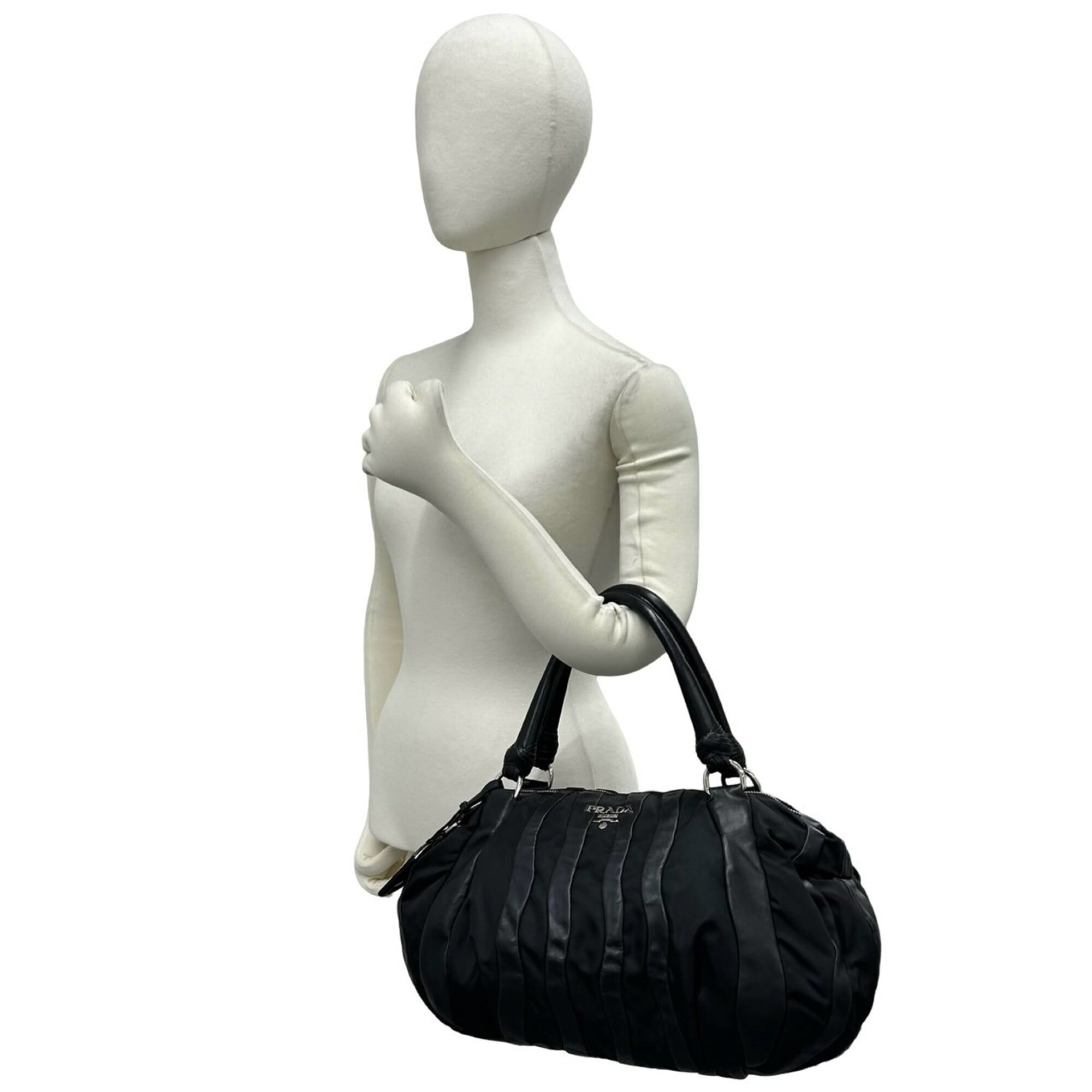 Prada Black Nylon Leather Boston Bag Handbag Tote Bag (Pre-Owned)