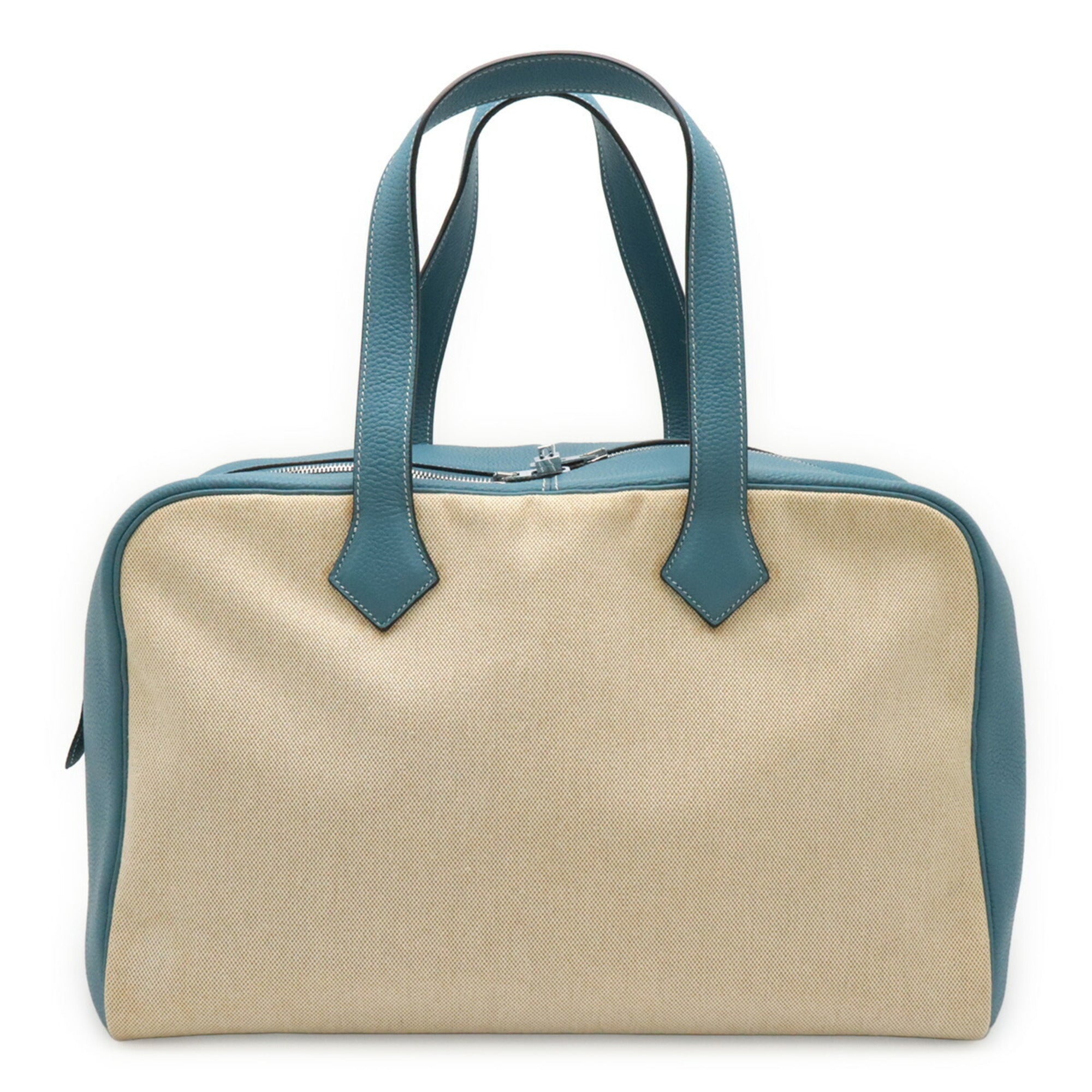Hermes Beige Blue Jean Toile H Taurillon Clemence Leather Boston Bag (Pre-Owned)