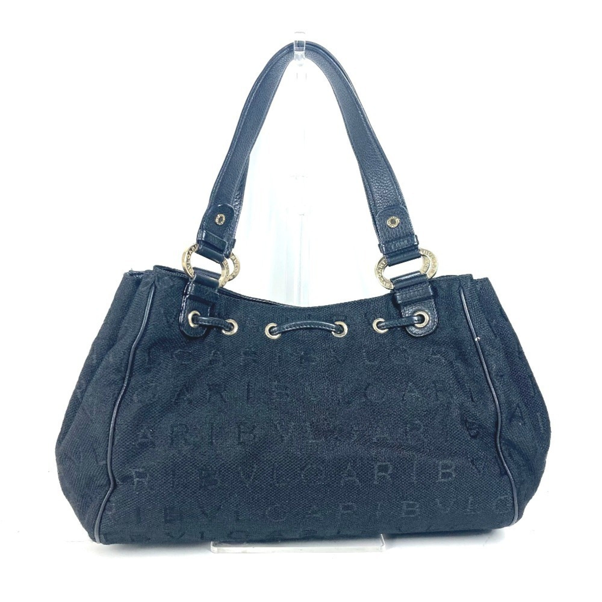 Bvlgari Black Leather Canvas Shoulder Bag Tote Bag (Pre-Owned)