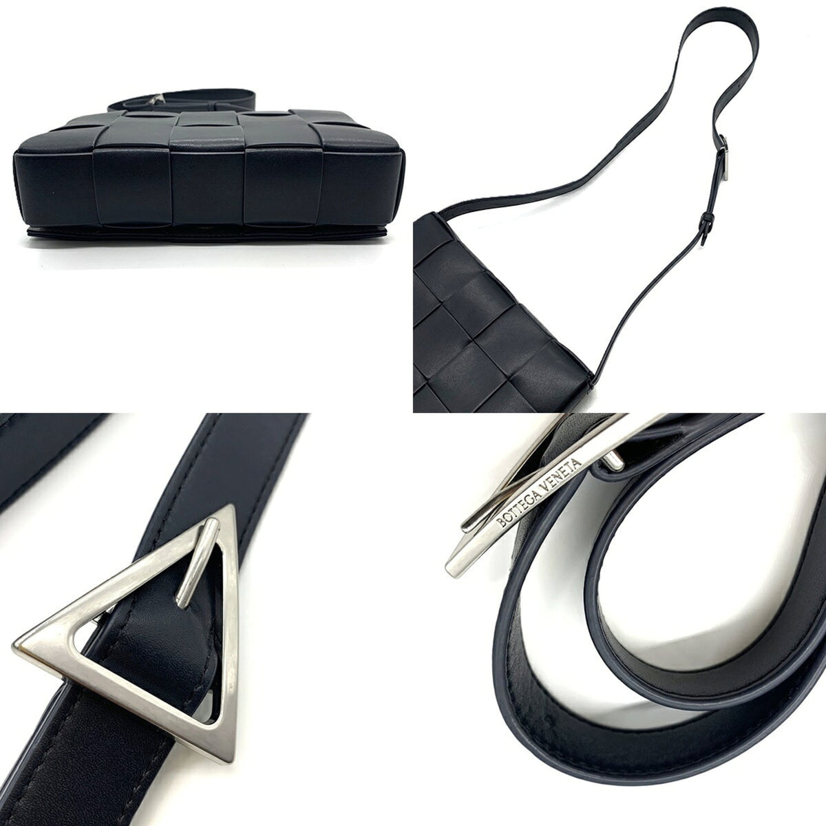 Bottega Veneta Black Dark Navy Leather Shoulder Bag (Pre-Owned)