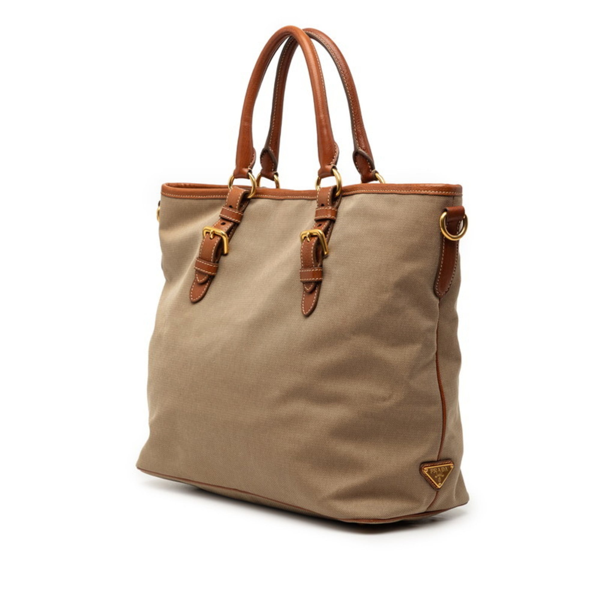 Prada Beige Brown Canvas Leather Shoulder Bag Tote Bag (Pre-Owned)