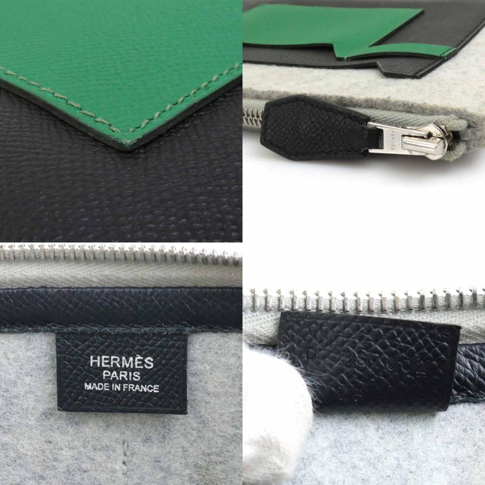 Hermes Black Gray Green Felt Leather Clutch Bag (Pre-Owned)