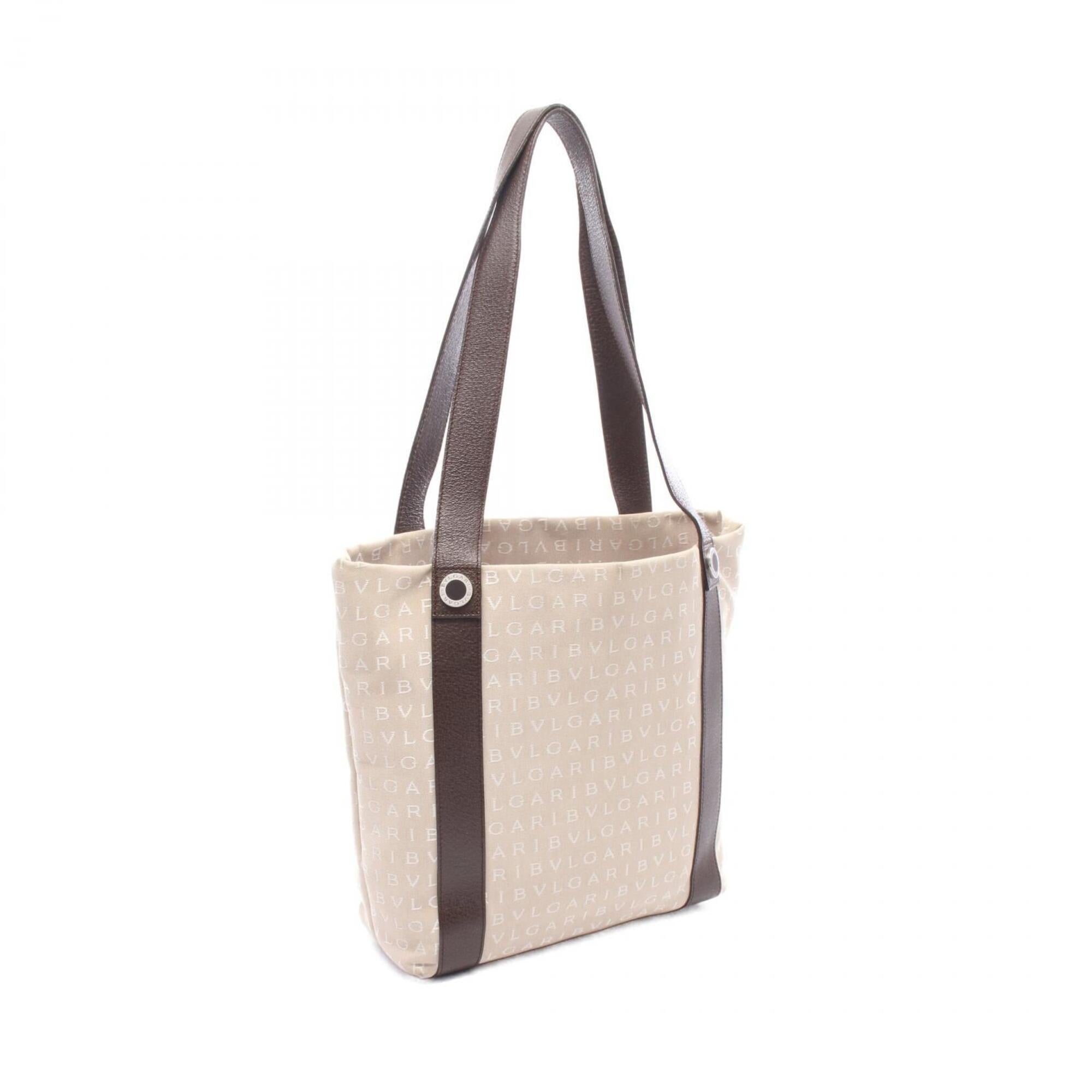 Bvlgari Beige Brown Canvas Leather Handbag Pouch Tote Bag (Pre-Owned)