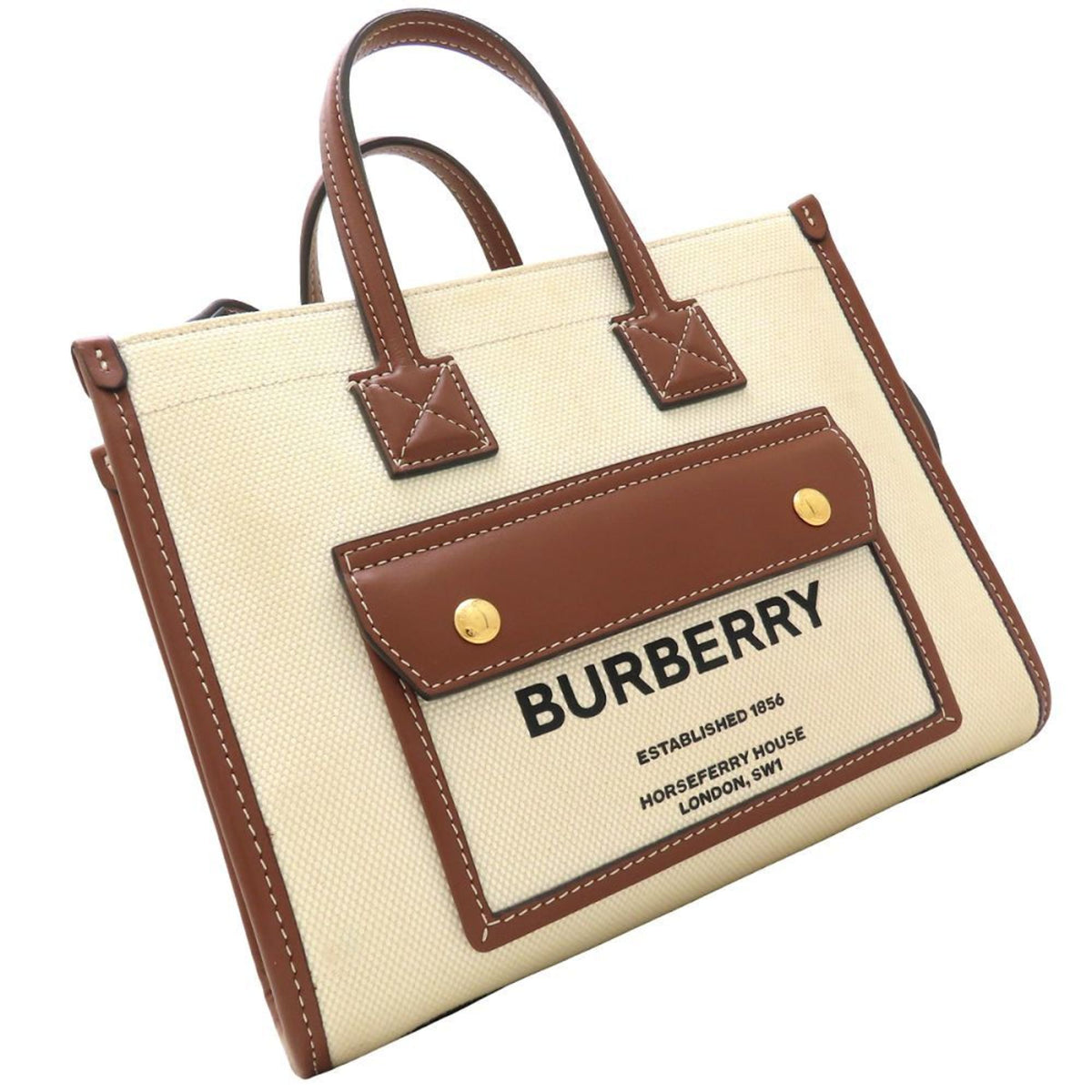 Burberry Brown Ivory Canvas Leather Handbag (Pre-Owned)
