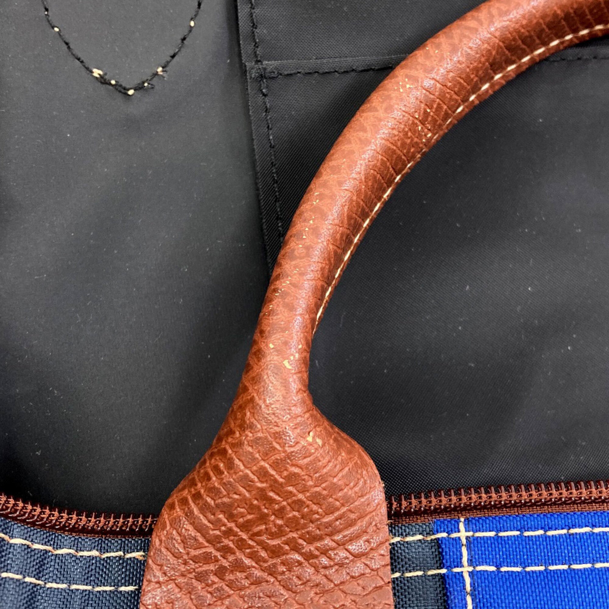 Longchamp Le Pliage Blue Brown Gray Nylon Handbag (Pre-Owned)