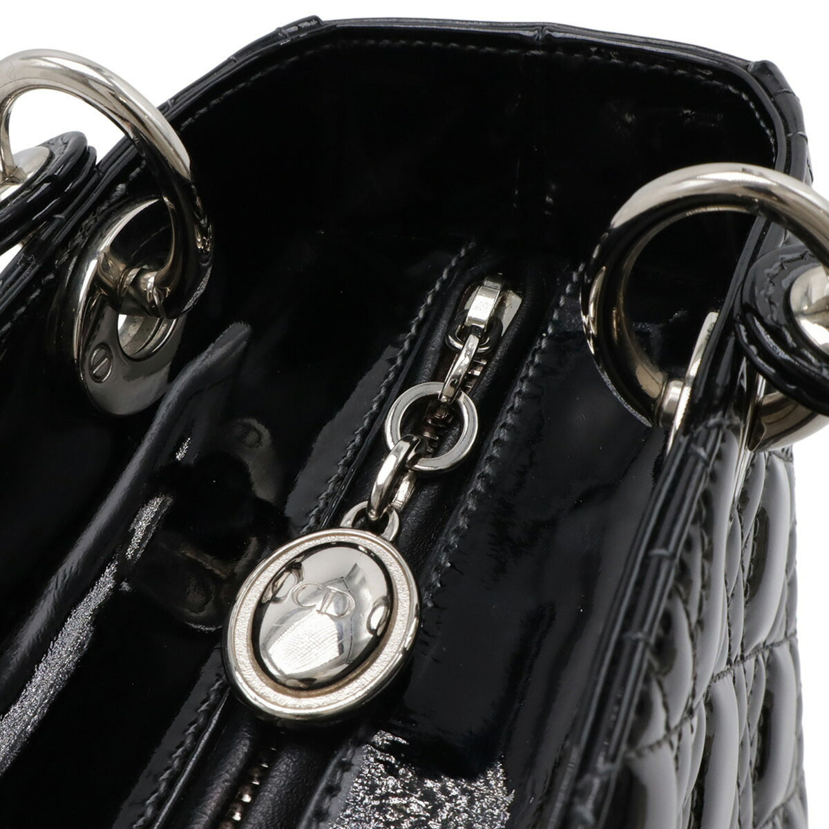 Christian Dior Lady Dior Black Gray Pink Patent Leather Leather Shoulder Bag (Pre-Owned)