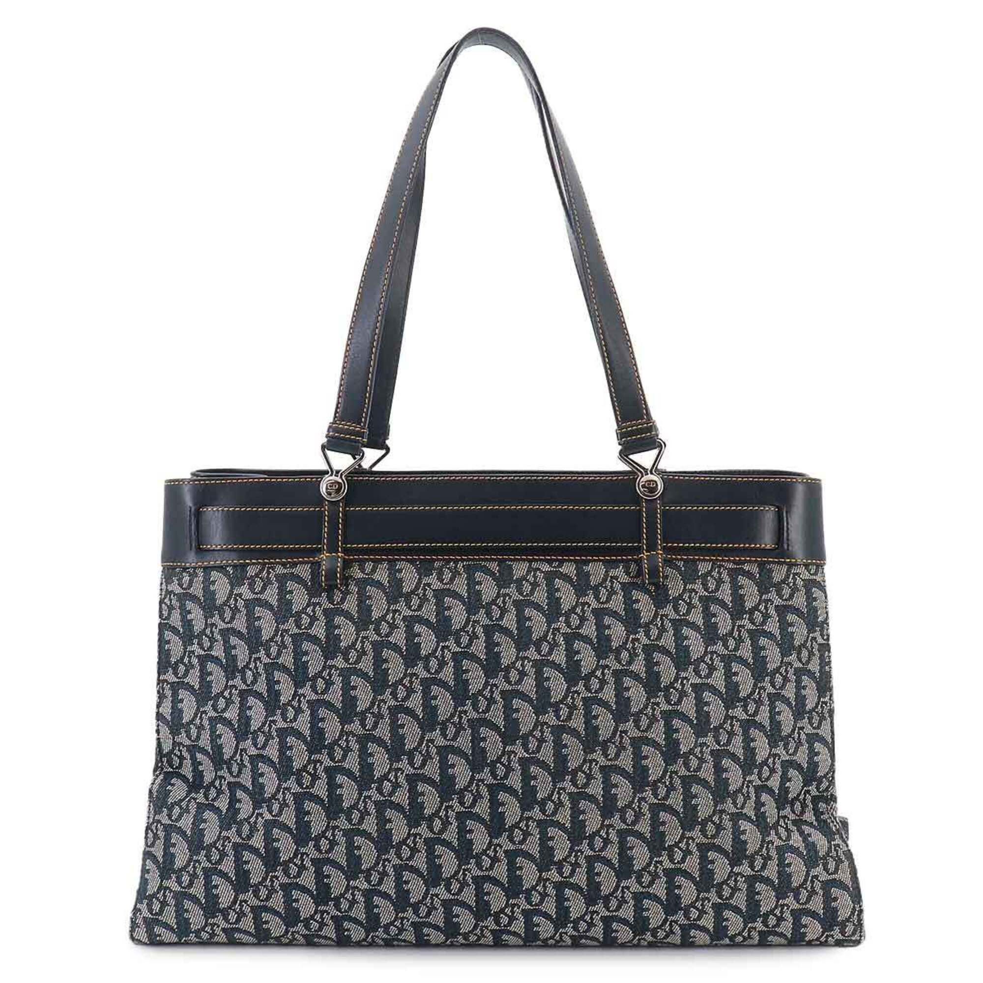 Christian Dior Navy Leather Canvas Handbag Tote Bag (Pre-Owned)