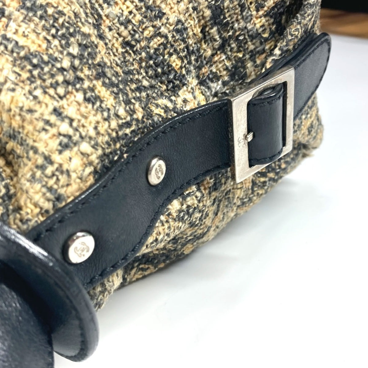 Chanel Beige Black Yellow Canvas Leather Shoulder Bag (Pre-Owned)