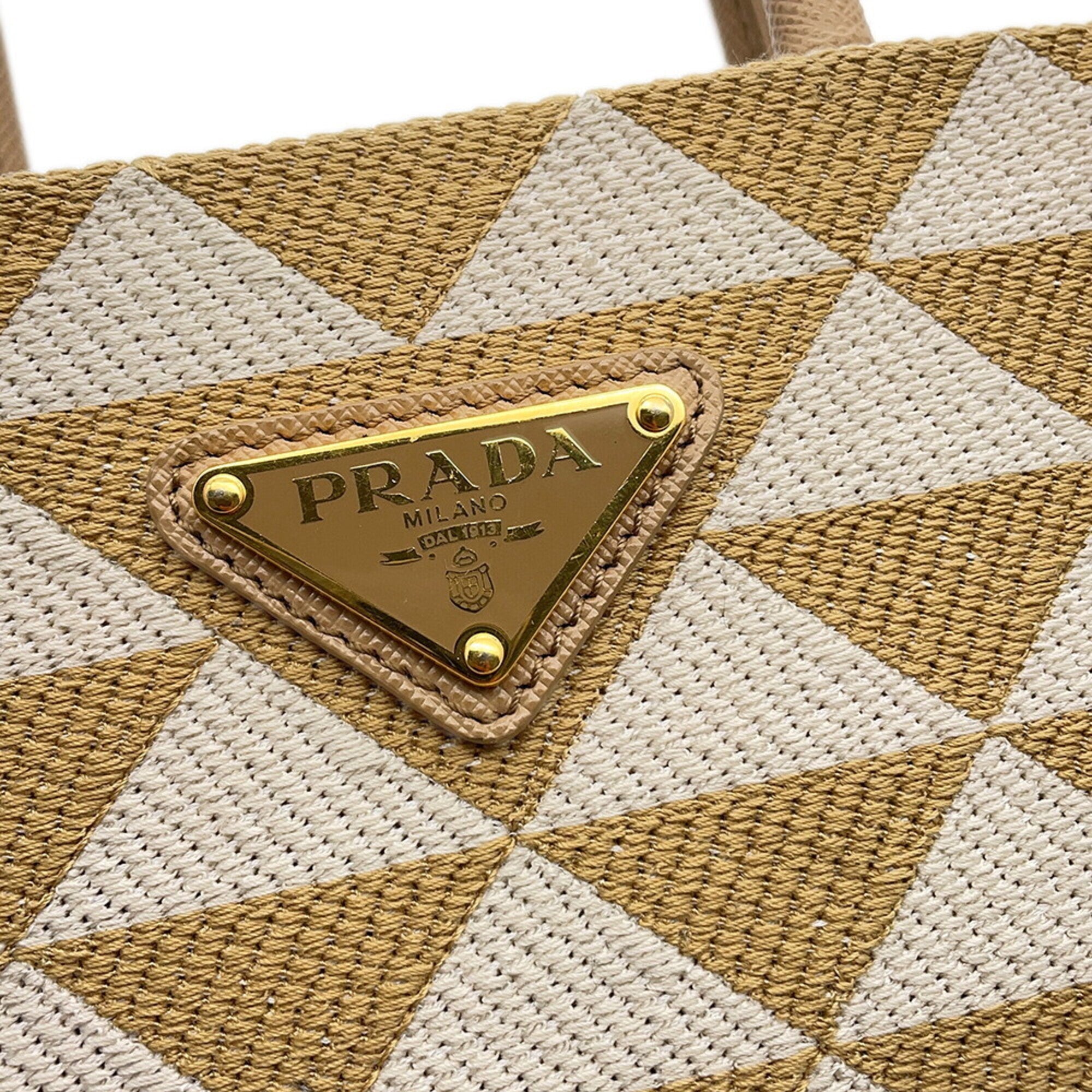 Prada Beige White Canvas Leather Handbag Shoulder Bag (Pre-Owned)