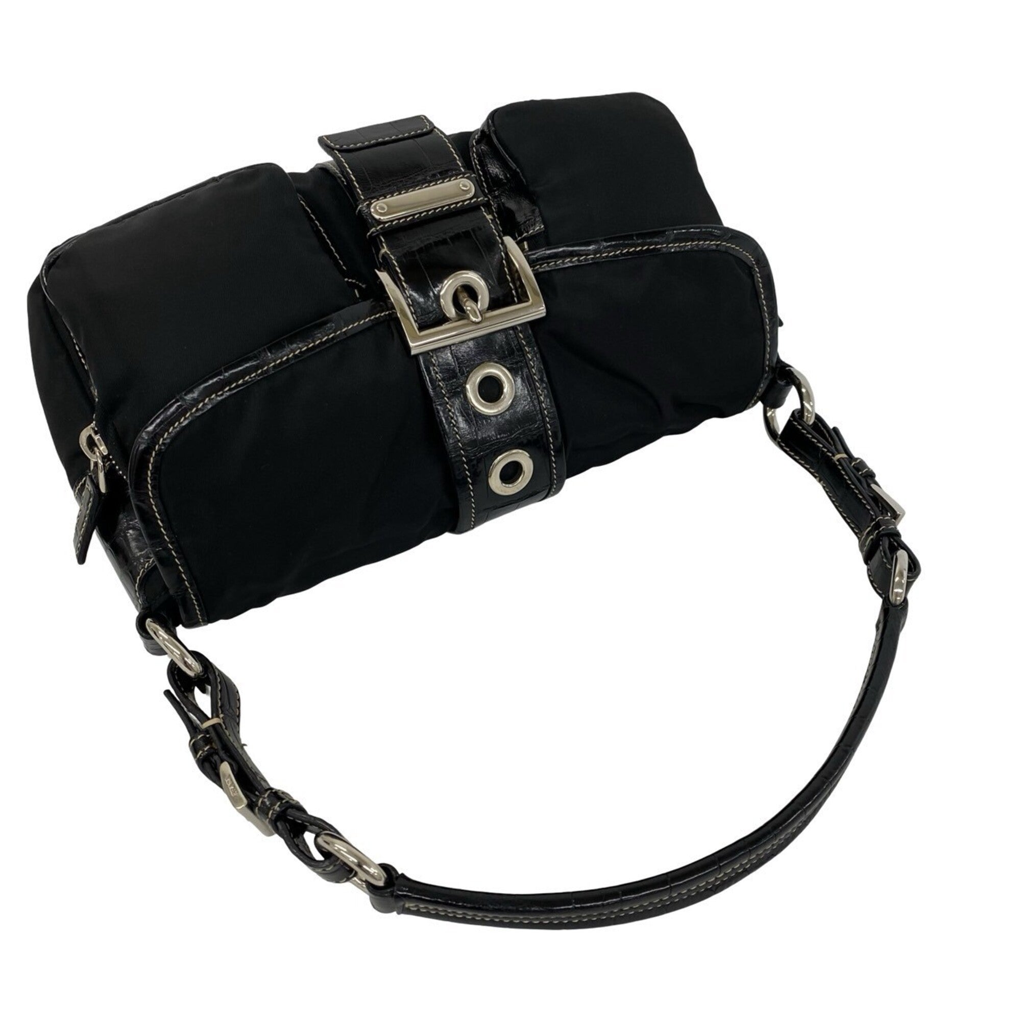 Prada Black Leather Nylon Handbag Shoulder Bag (Pre-Owned)