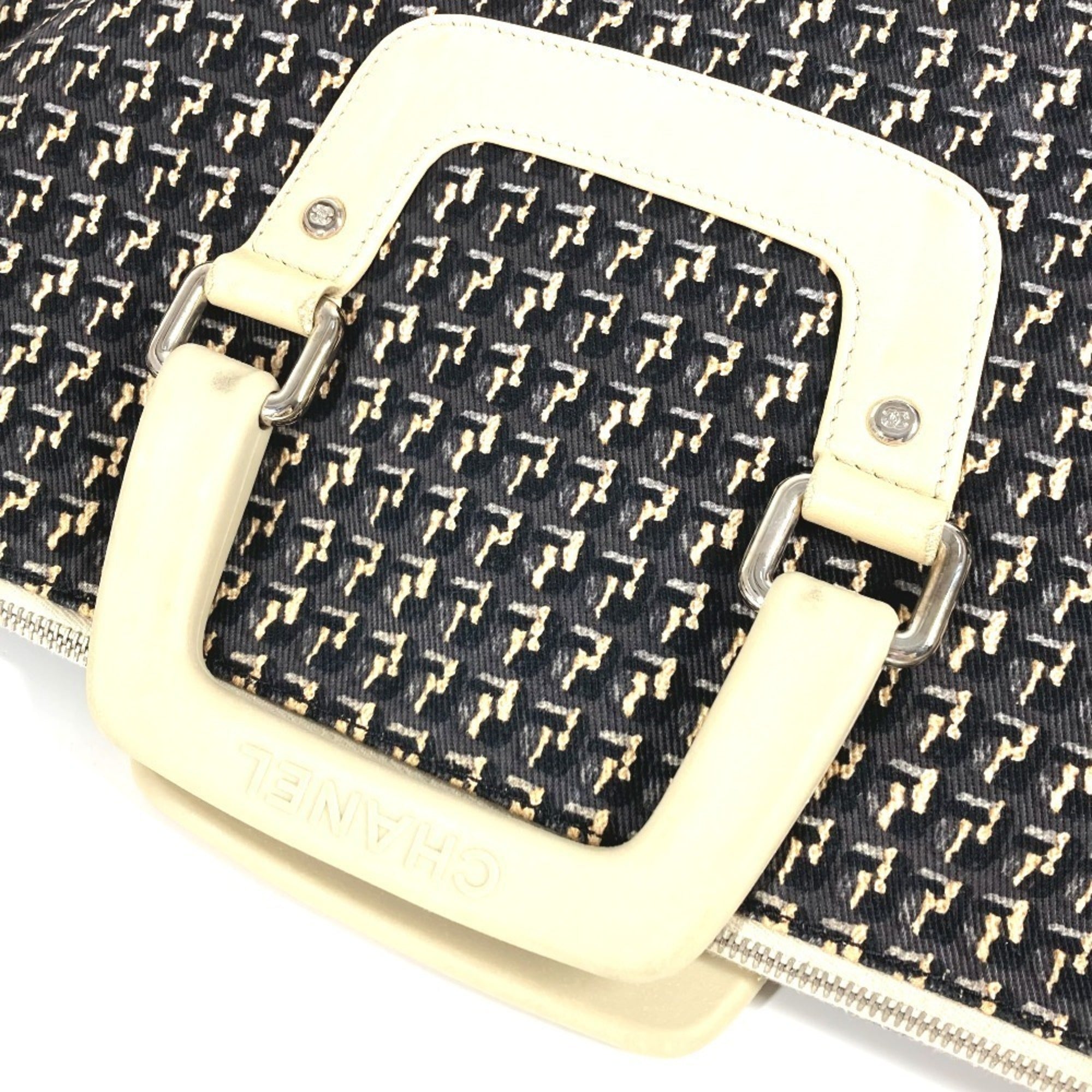 Chanel Beige Black Canvas Leather Handbag Shoulder Bag (Pre-Owned)