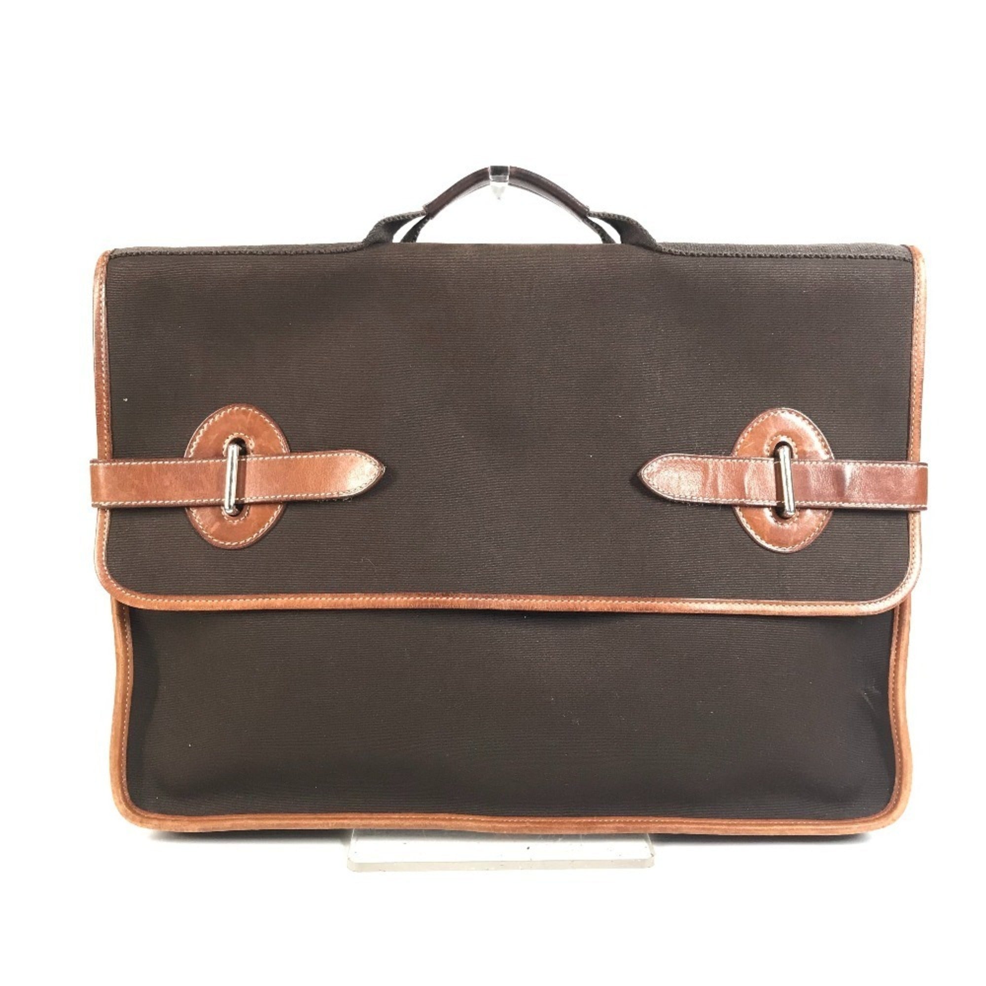 Hermes Buenaventura Brown Leather Canvas Briefcase Tote Bag (Pre-Owned)