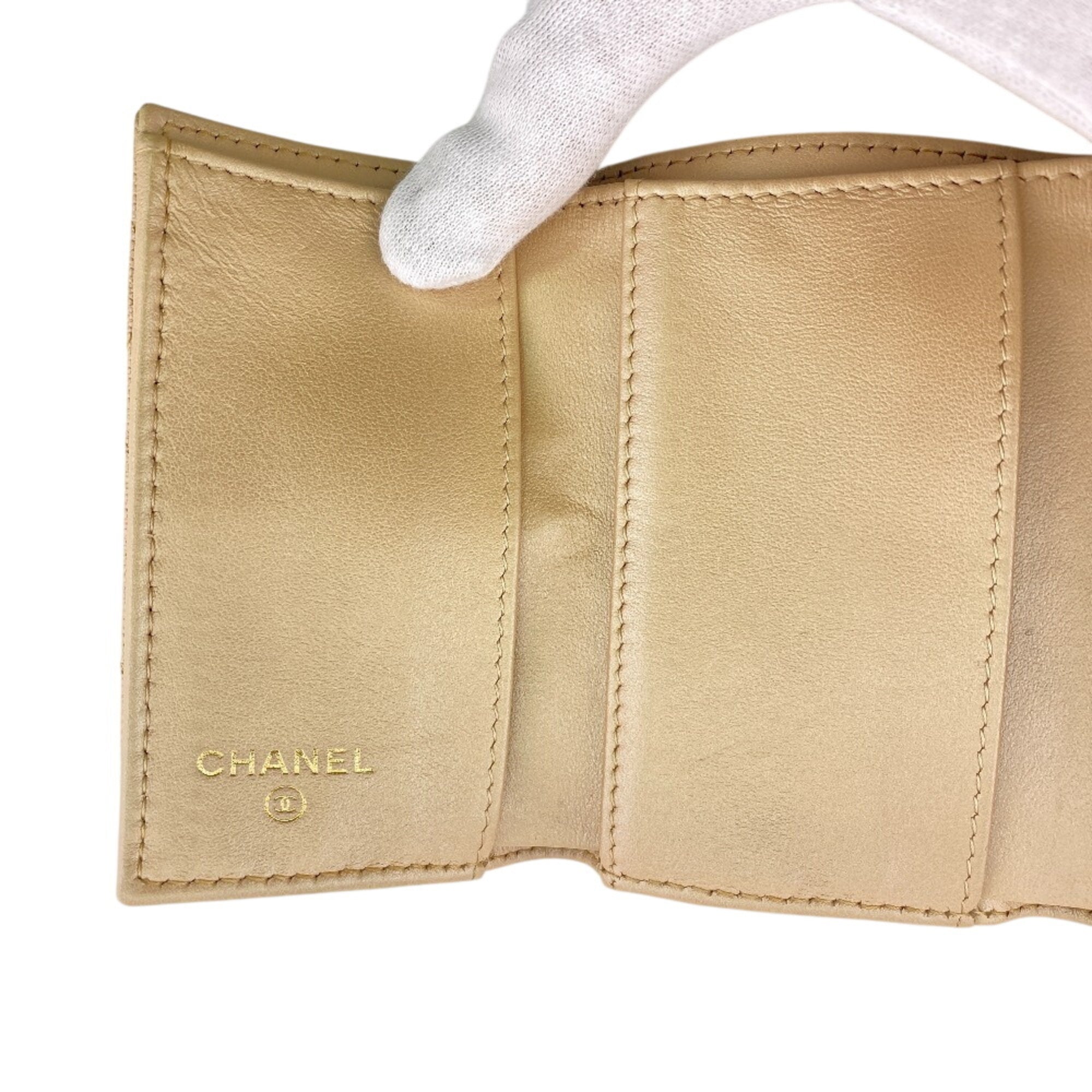 Chanel Beige Beige Gold Grained Calfskin Leather Wallet (Tri-Fold) (Pre-Owned)