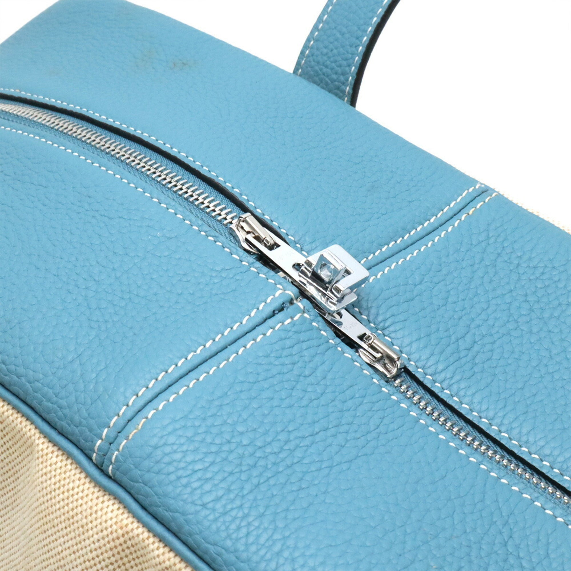 Hermes Beige Blue Jean Toile H Taurillon Clemence Leather Boston Bag (Pre-Owned)