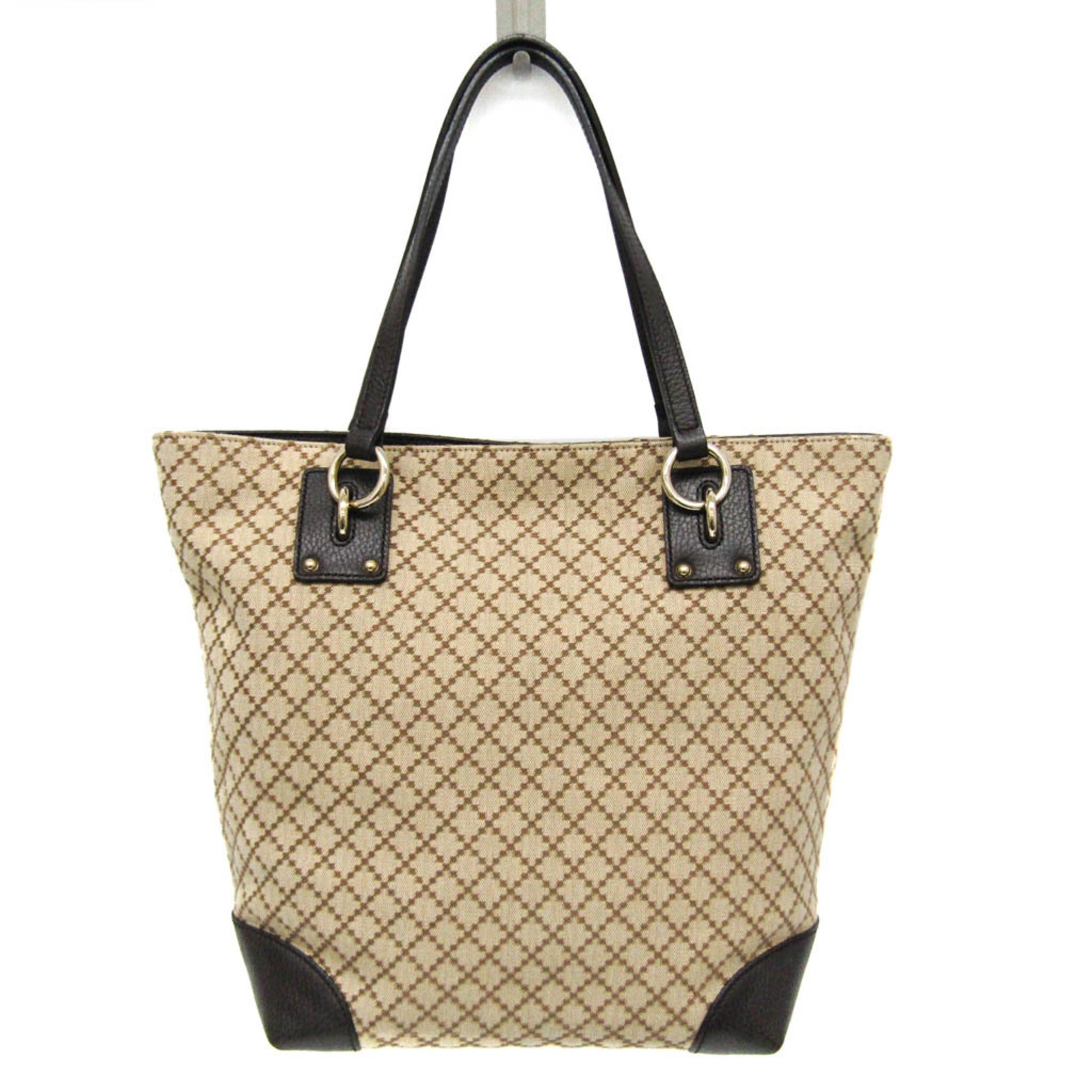Gucci Diamante Beige Brown Canvas Leather Tote Bag (Pre-Owned)