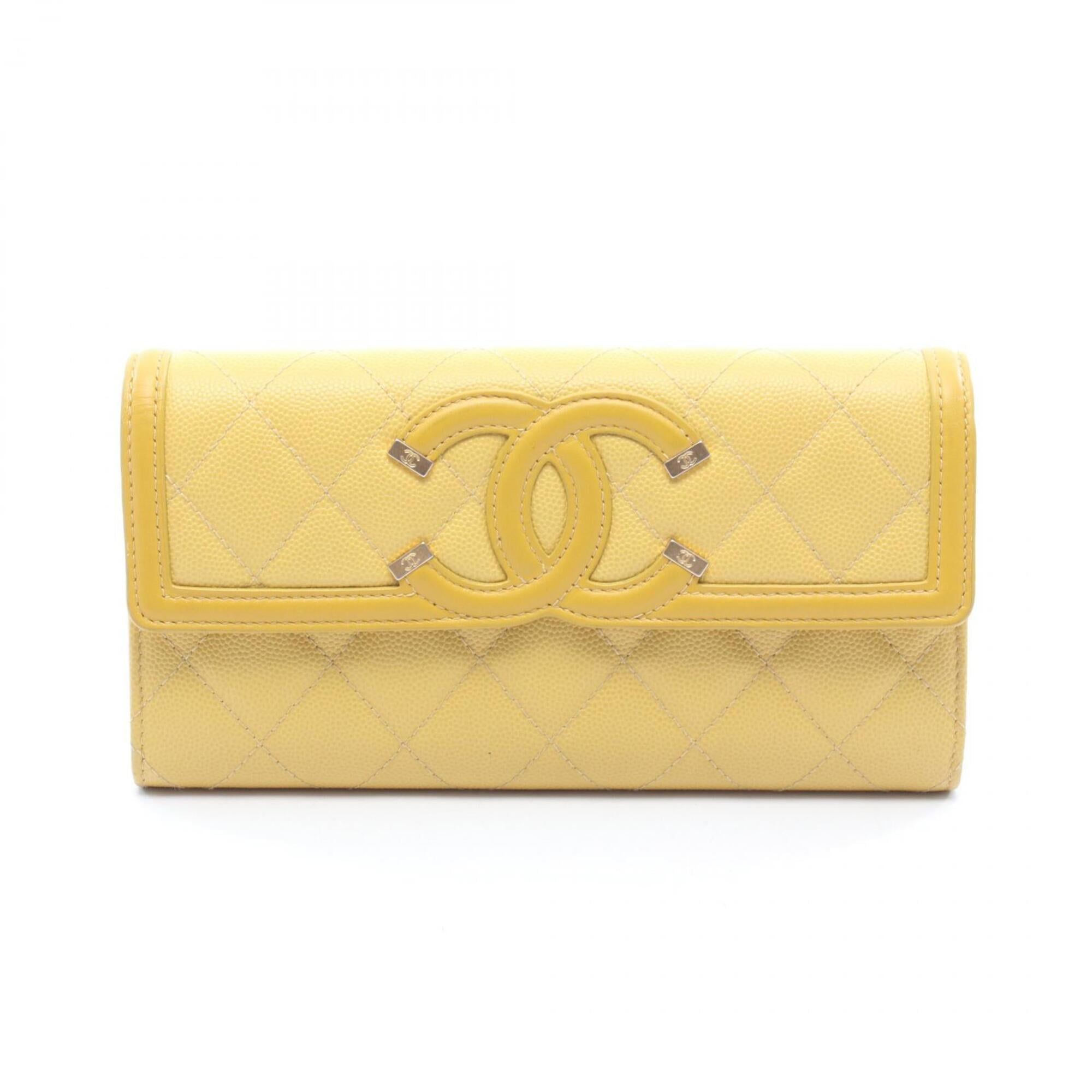 Chanel Yellow Grained Calfskin Leather Long Wallet (Bi-Fold) (Pre-Owned)