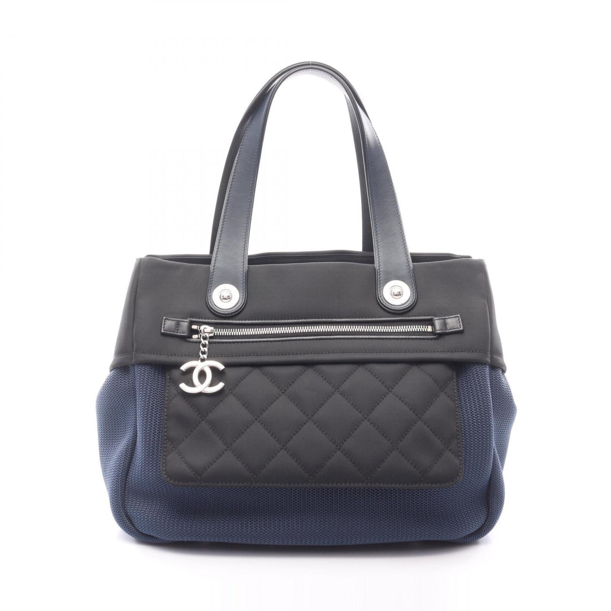 Chanel Black Blue Nylon Leather Handbag (Pre-Owned)