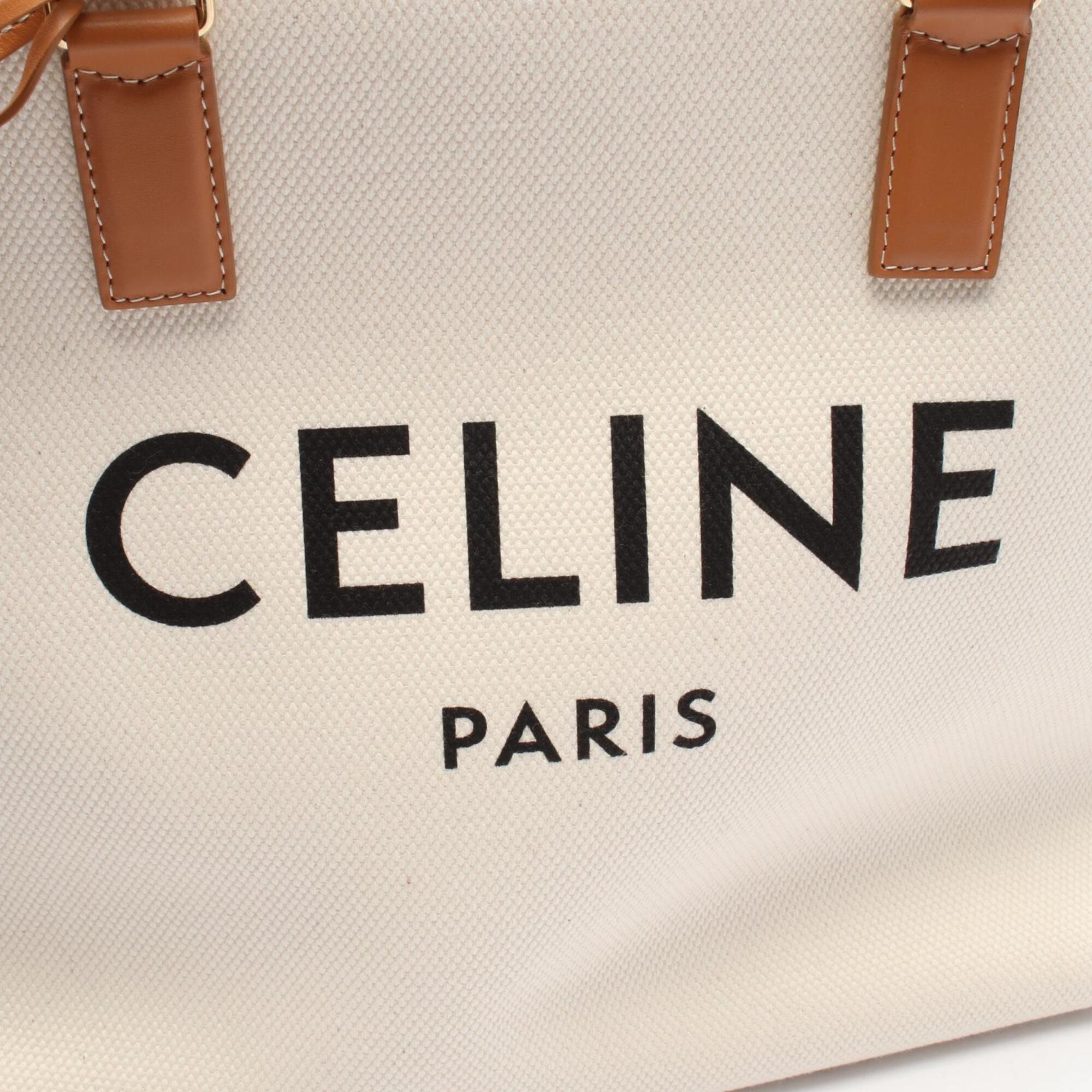 Celine Brown Ivory Canvas Leather Handbag Tote Bag (Pre-Owned)