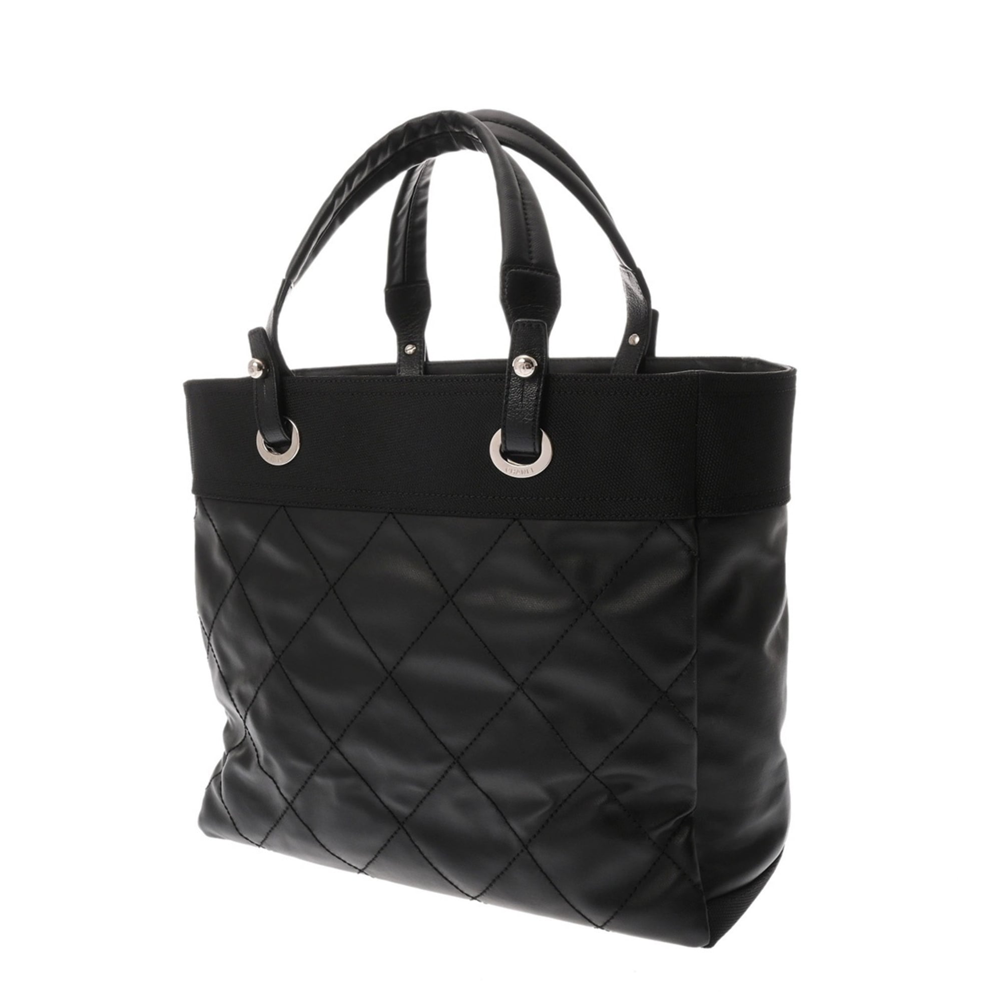 Chanel Paris Biarritz Black Canvas Leather Tote Bag (Pre-Owned)